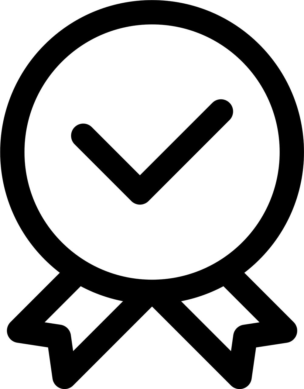 A black circular badge icon with a checkmark and decorative ribbons at the bottom symbolizes achievement or verification.