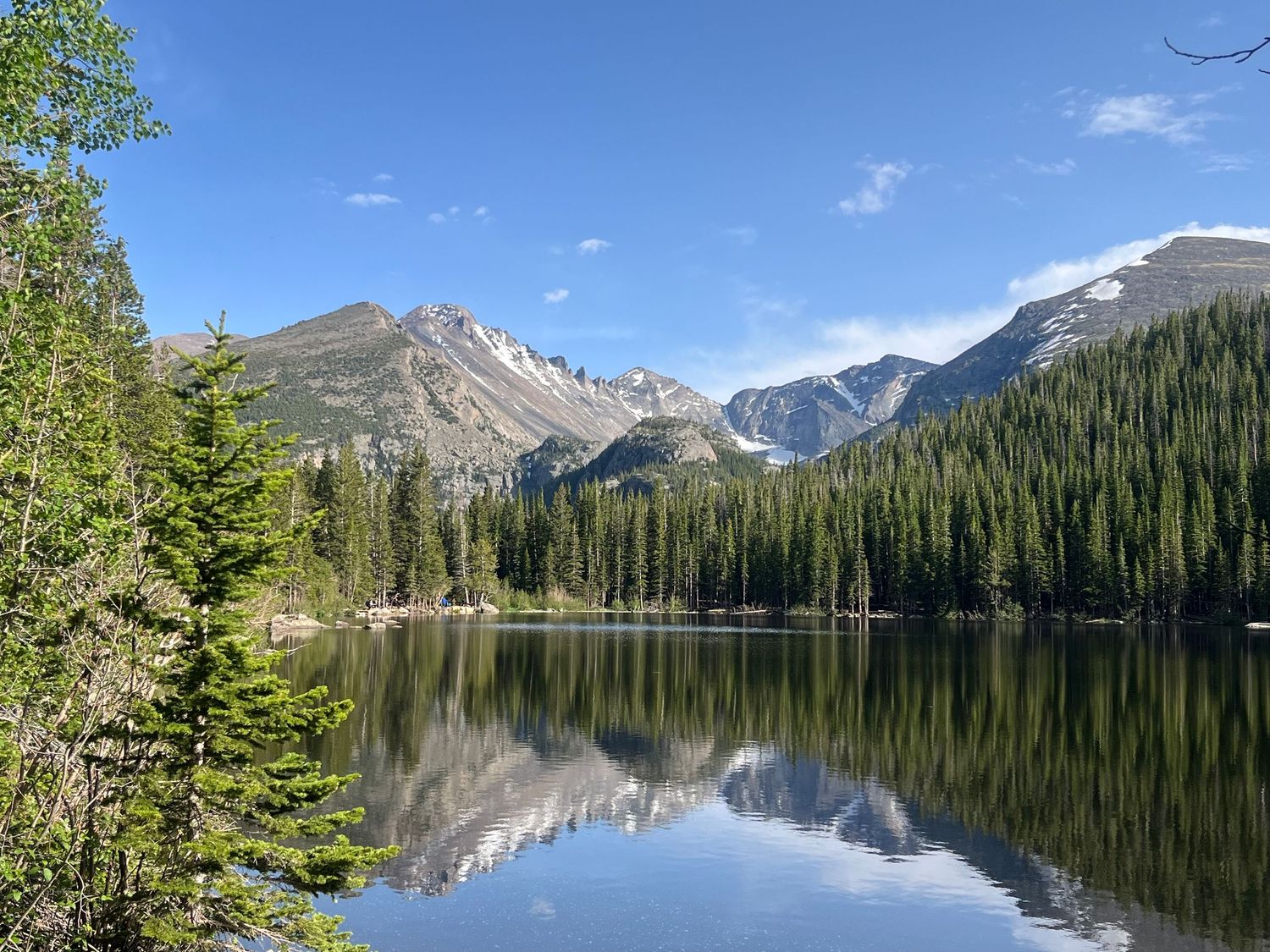 Calm mountain lake reflects snow-capped peaks and evergreen forest under blue skies in Rocky Mountain National Park.