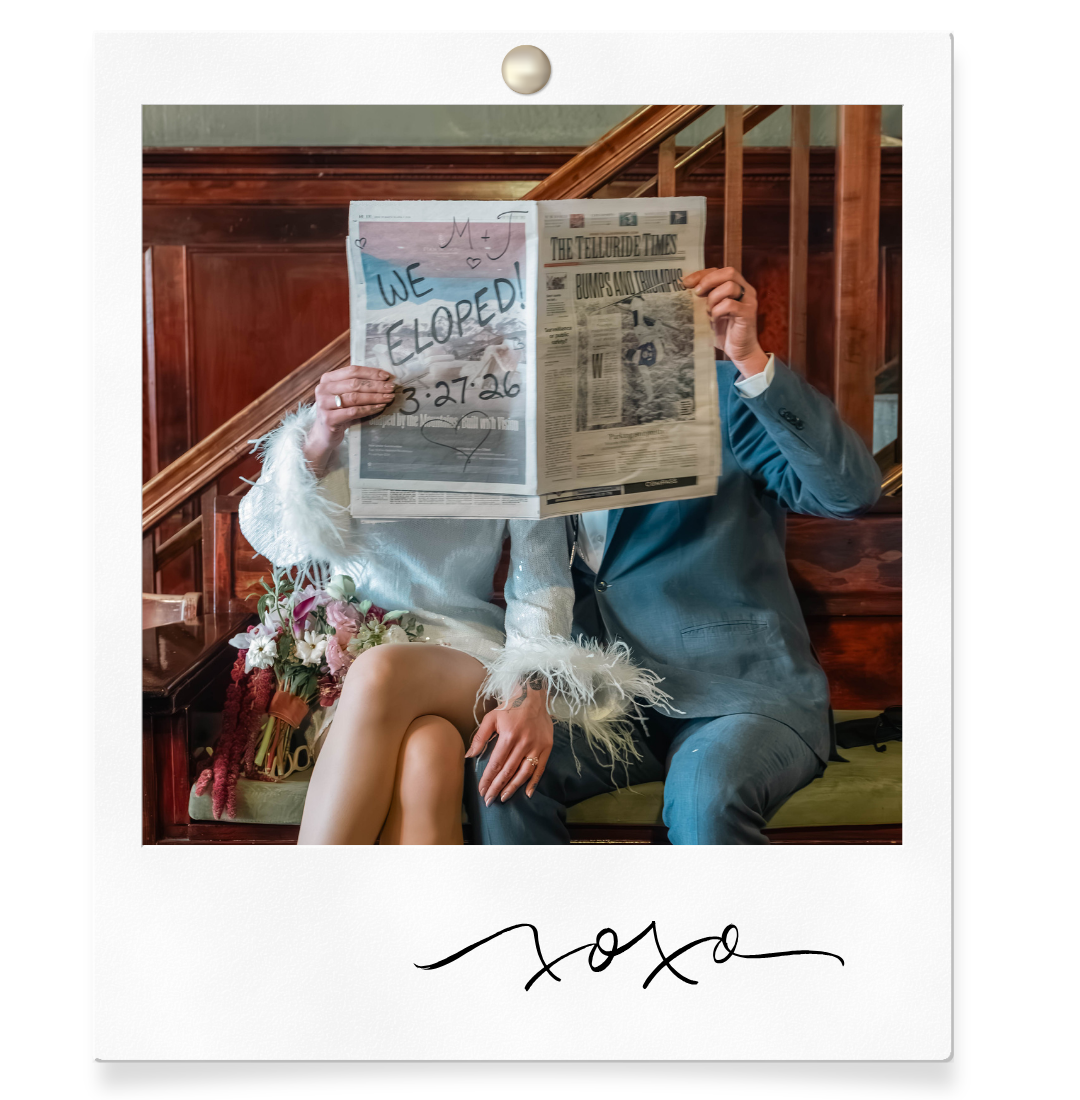 Couple holding a newspaper reading We Eloped on a polaroid-style photo with XOXO signature.