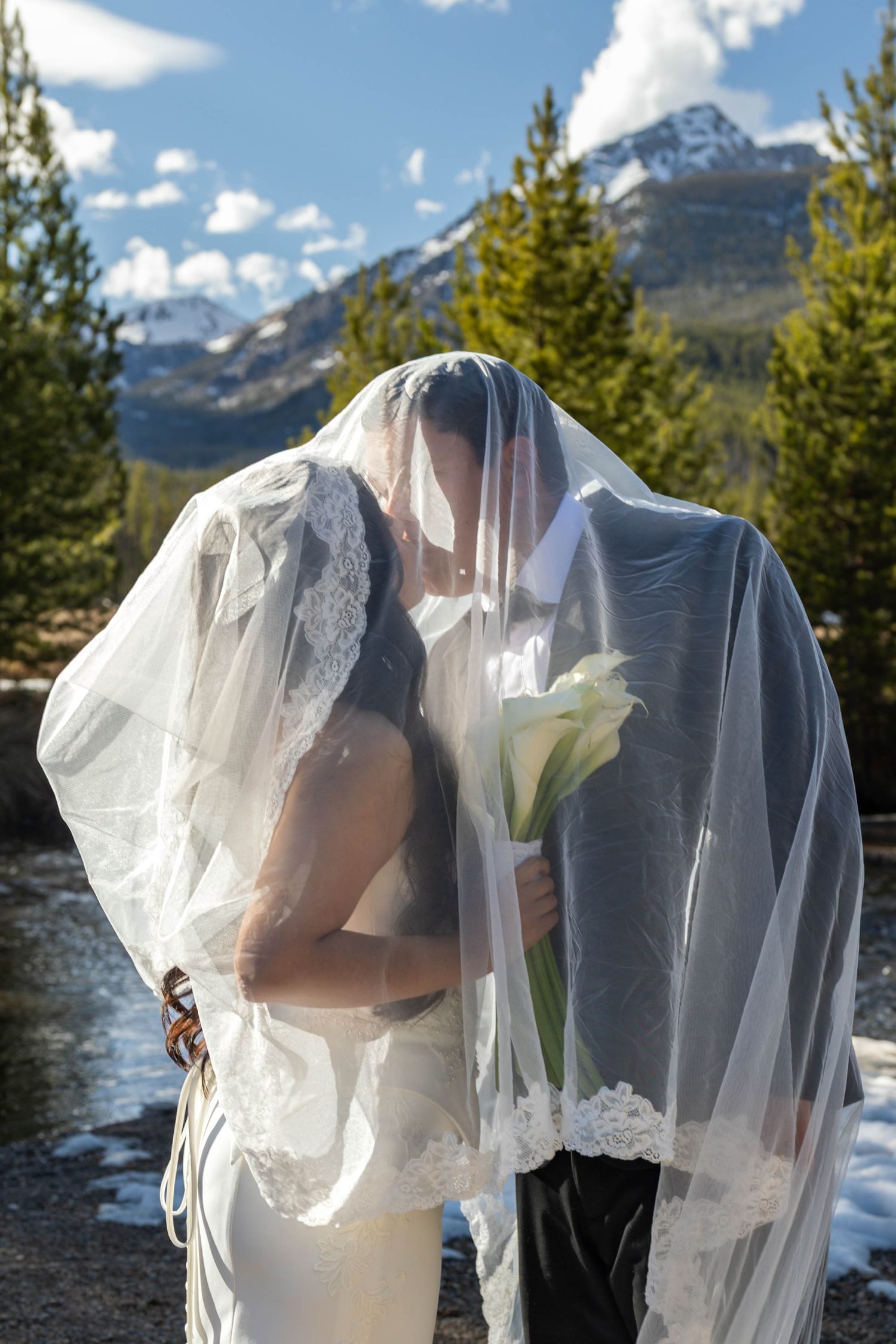 Bride and groom kissing under a wedding veil with mountain and forest backdrop on a sunny day.