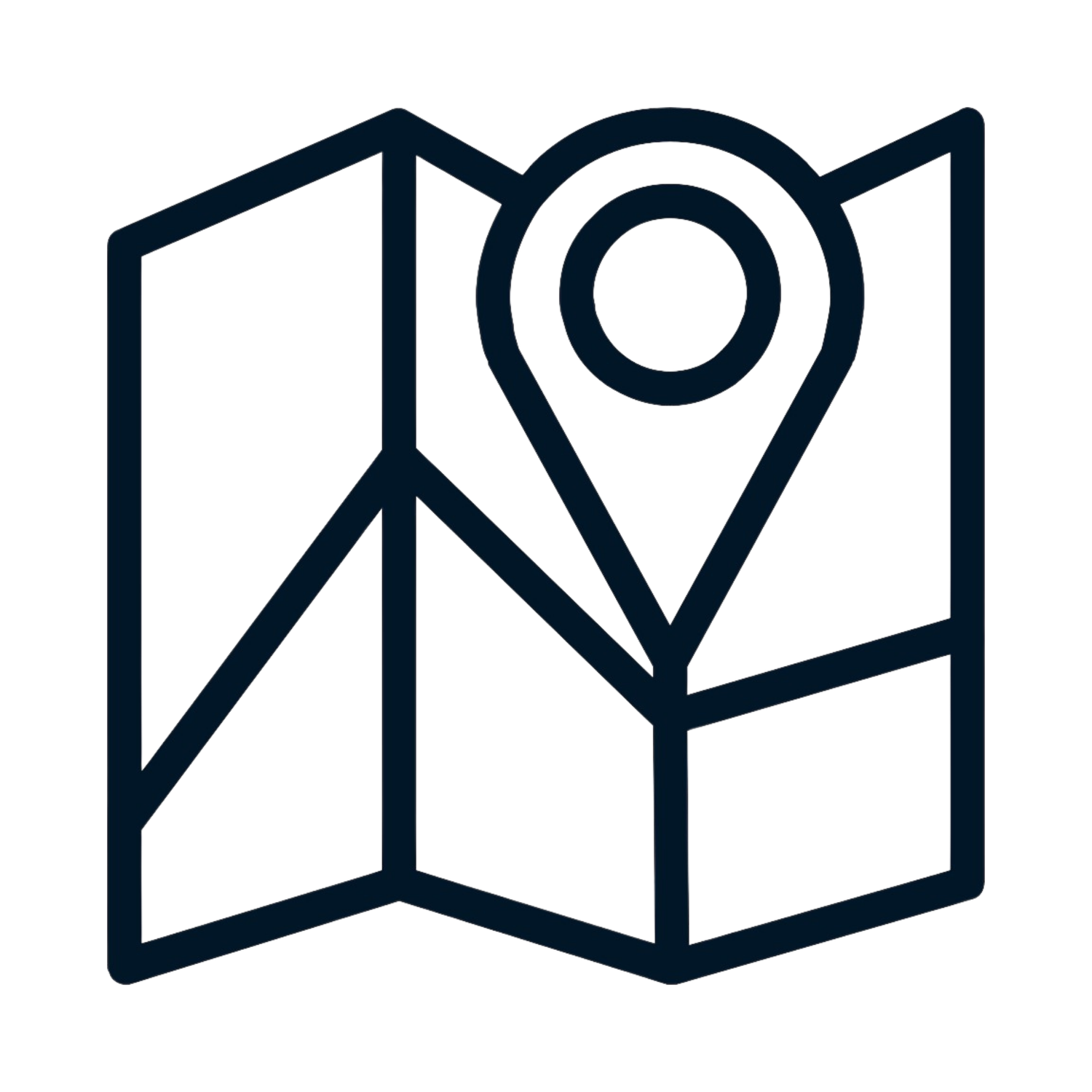 Minimalist line art icon of a folded map with a location pin marker in dark navy blue.