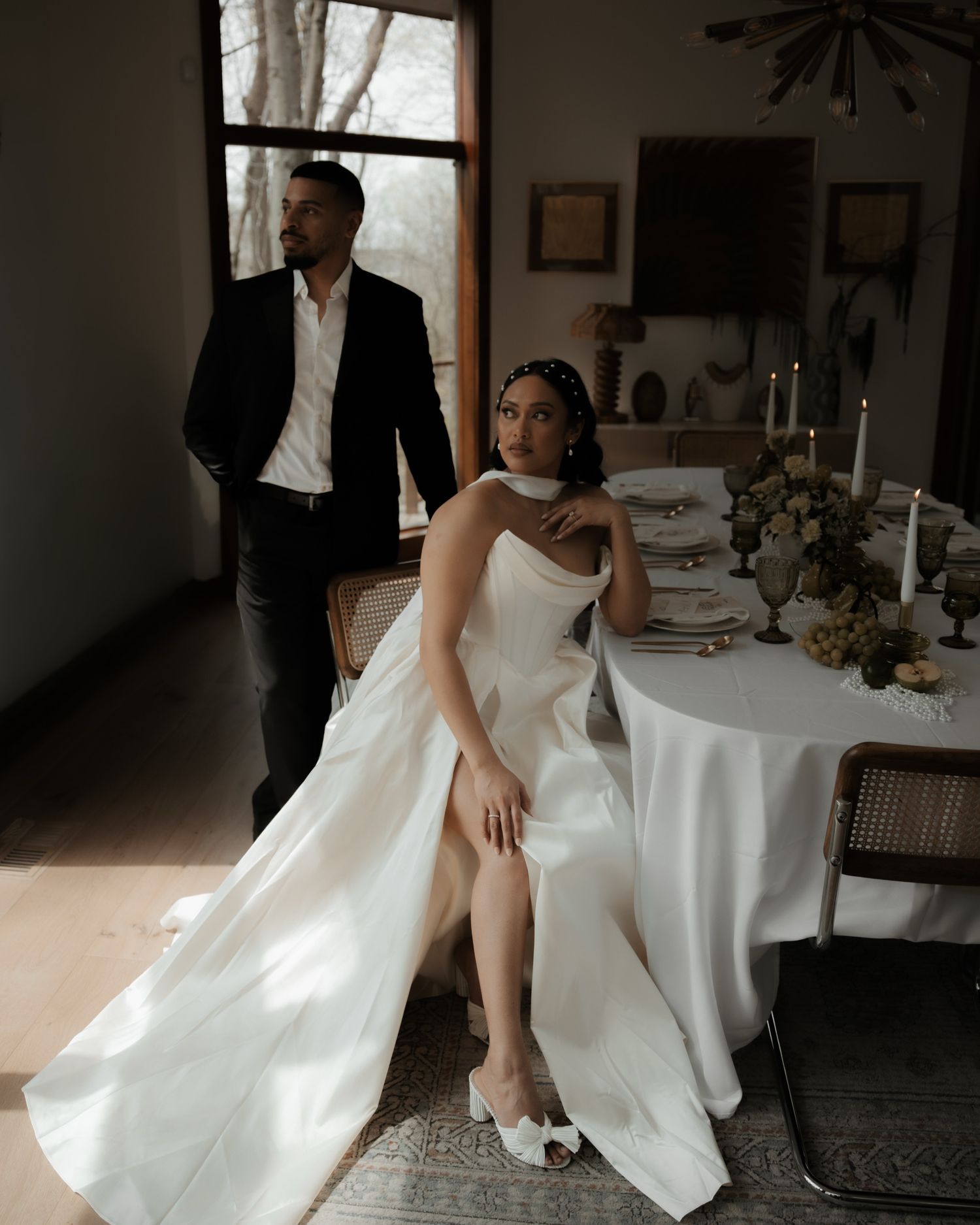 A sequence of wedding photography shots showing a person in a white dress seated at an elegant reception table.