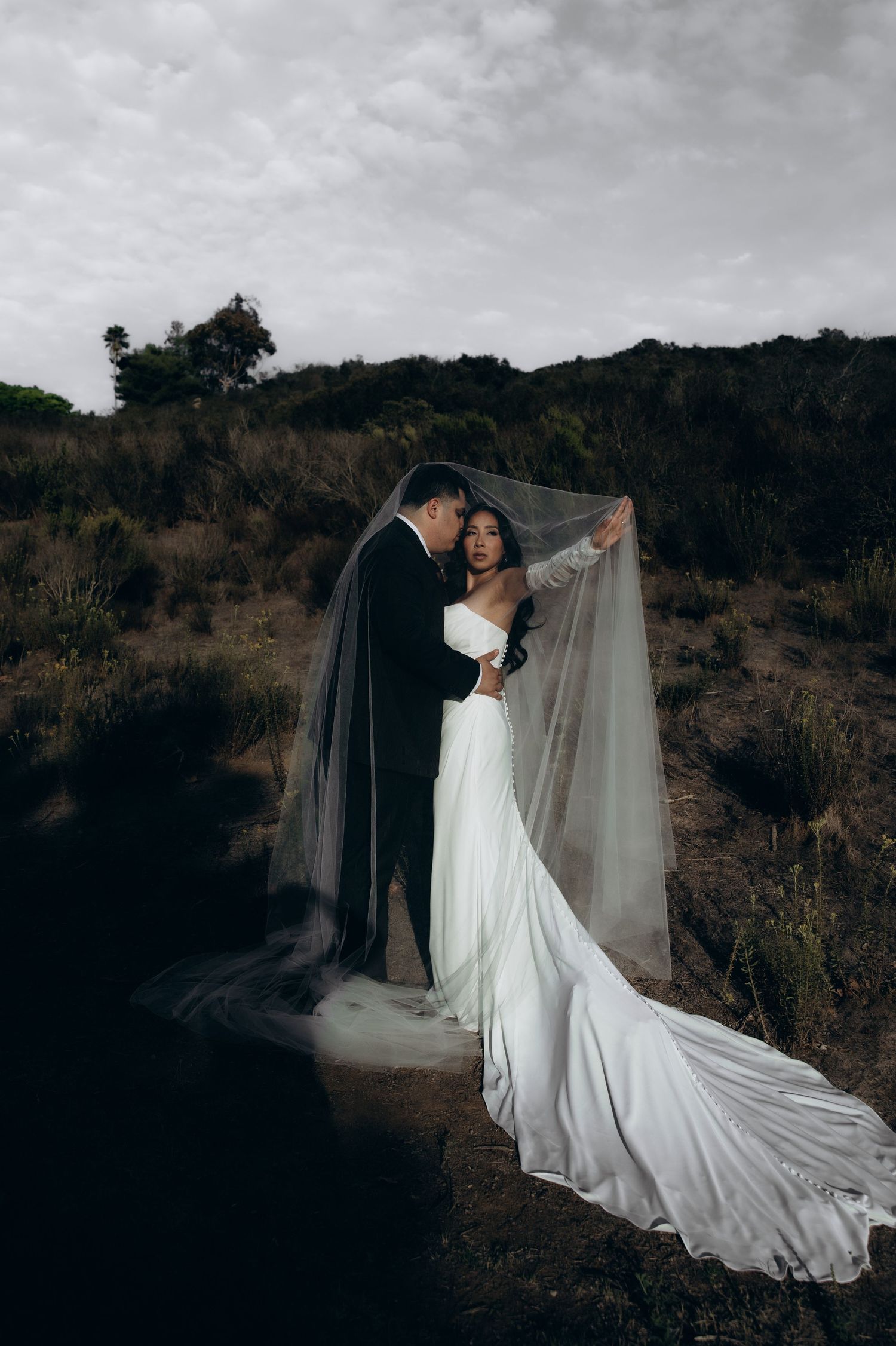 Dramatic wedding photo with flowing veil against mountainous backdrop at dusk.