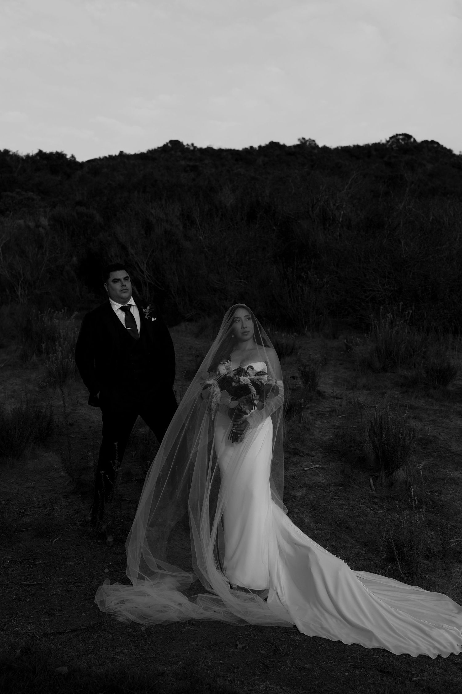 A series of wedding photos showing a couple posing at sunset in a natural outdoor setting.