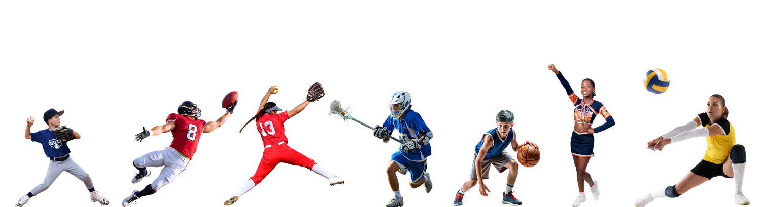 Collage of athletes playing baseball, football, lacrosse, hockey, basketball, and volleyball on a white background.