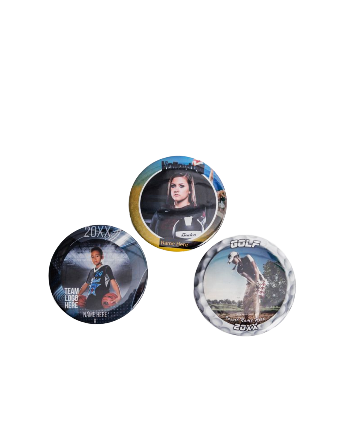 Three custom photo button pins featuring sports portraits of athletes in basketball, hockey, and golf themes with decorative borders.