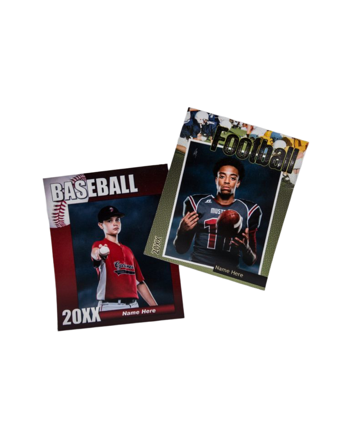 Two sports photo cards featuring baseball and football players with customizable name fields for personalized team portraits.