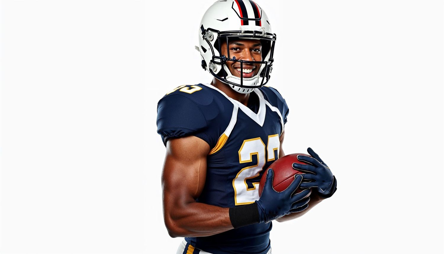 A muscular football player in navy blue uniform and white helmet holds a football against a white background.