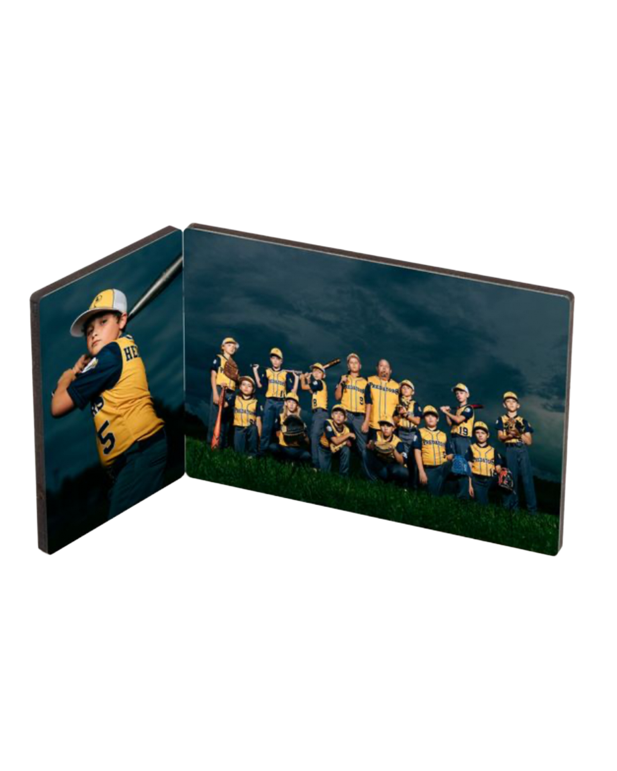 Two-panel wood photo display featuring a youth baseball player portrait and team photo in yellow uniforms.