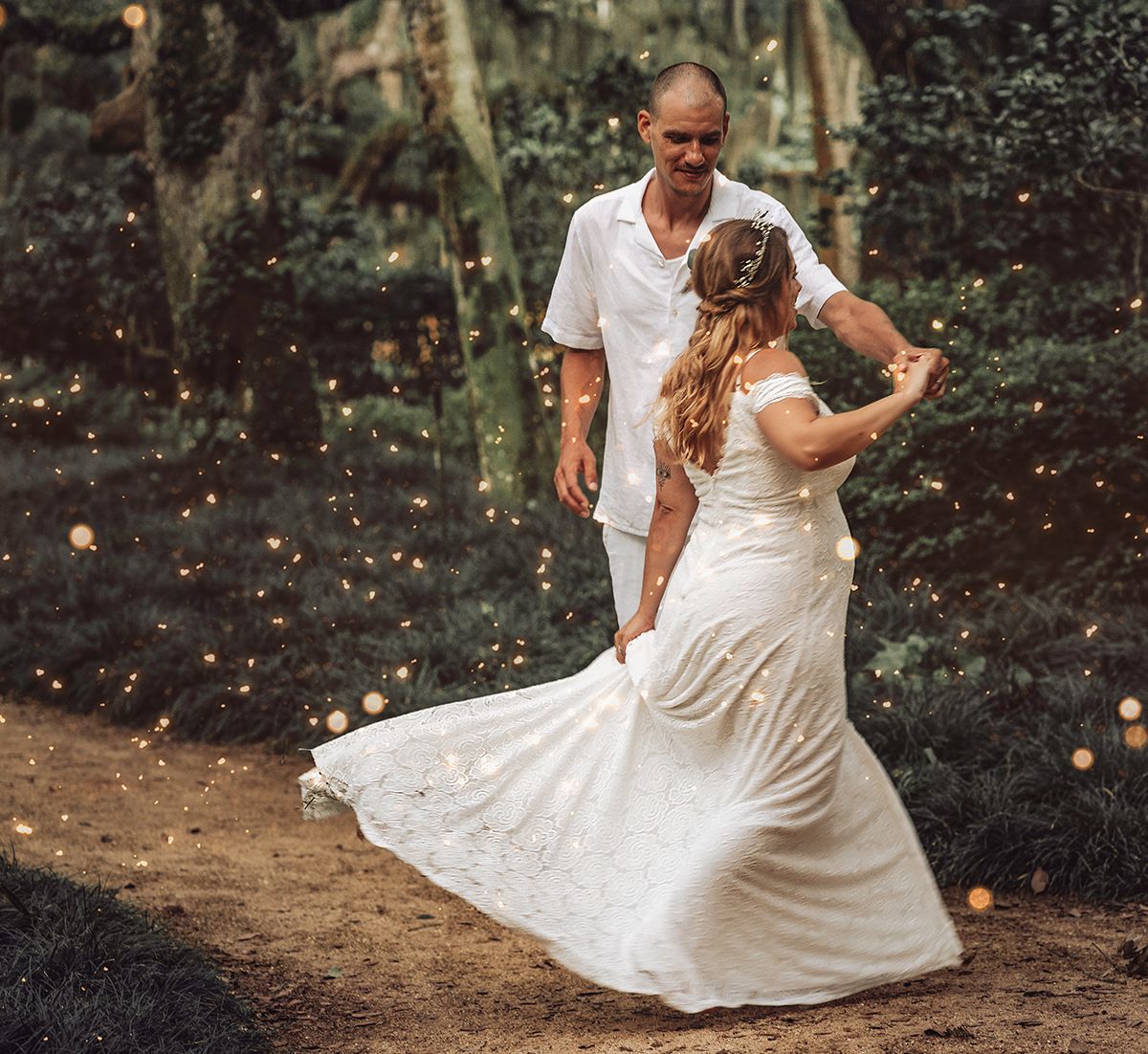 A romantic sequence of wedding photos shows a couple dancing and twirling in a white dress against a forest backdrop.