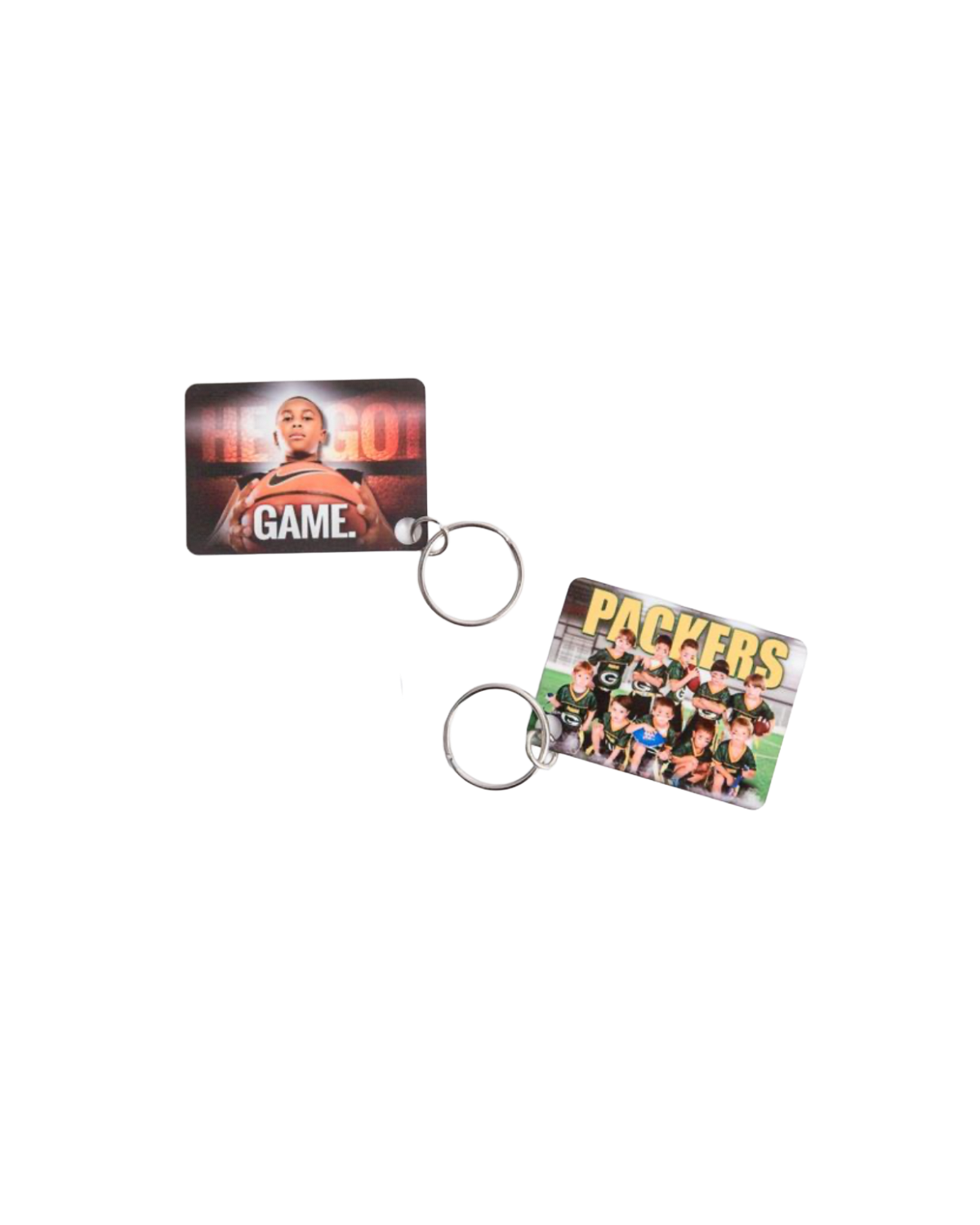Two rectangular keychains featuring colorful photo prints, one with a woman and GAME text, one with Green Bay Packers team photo.