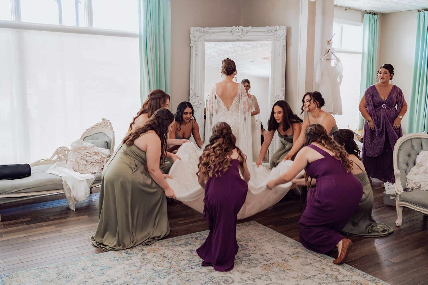 A sequence of wedding preparation moments showing people in purple dresses helping with final touches in a bright room.