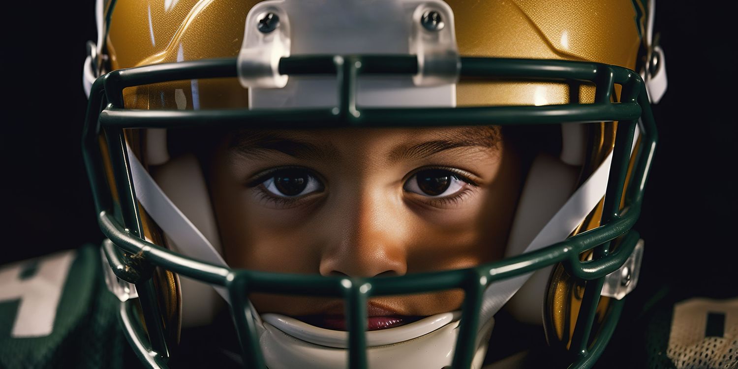 Close-up of a young football player wearing a green and gold helmet with face guard, intense focused expression.