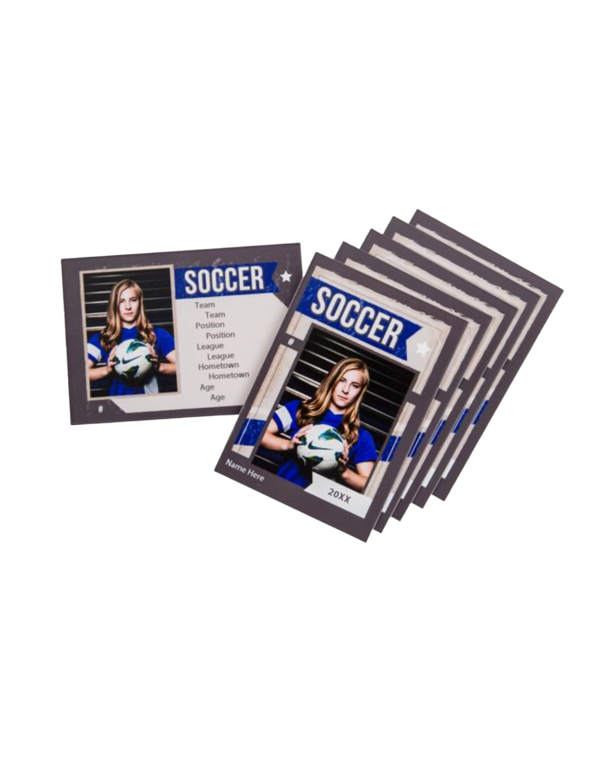Soccer trading cards featuring a female player holding a ball, displayed in a stack with one card face-up showing stats.