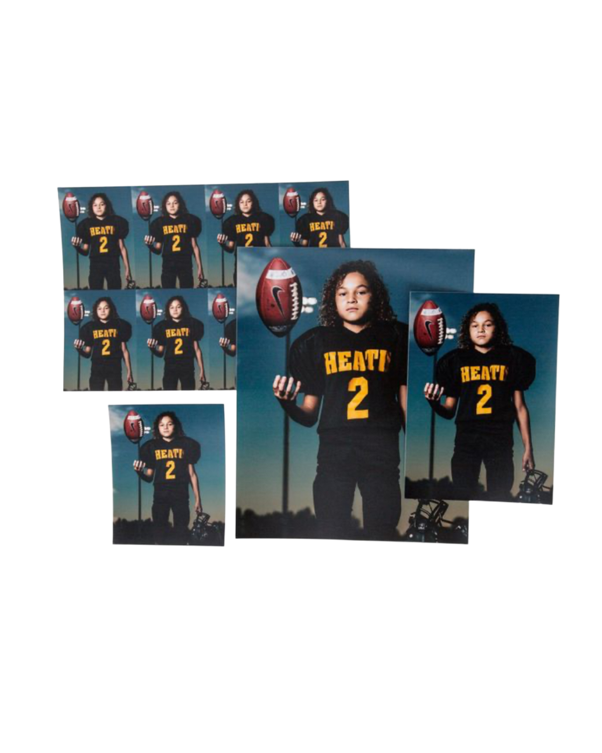 Youth football player in black Heat jersey #2 posing with football in multiple photo package prints.