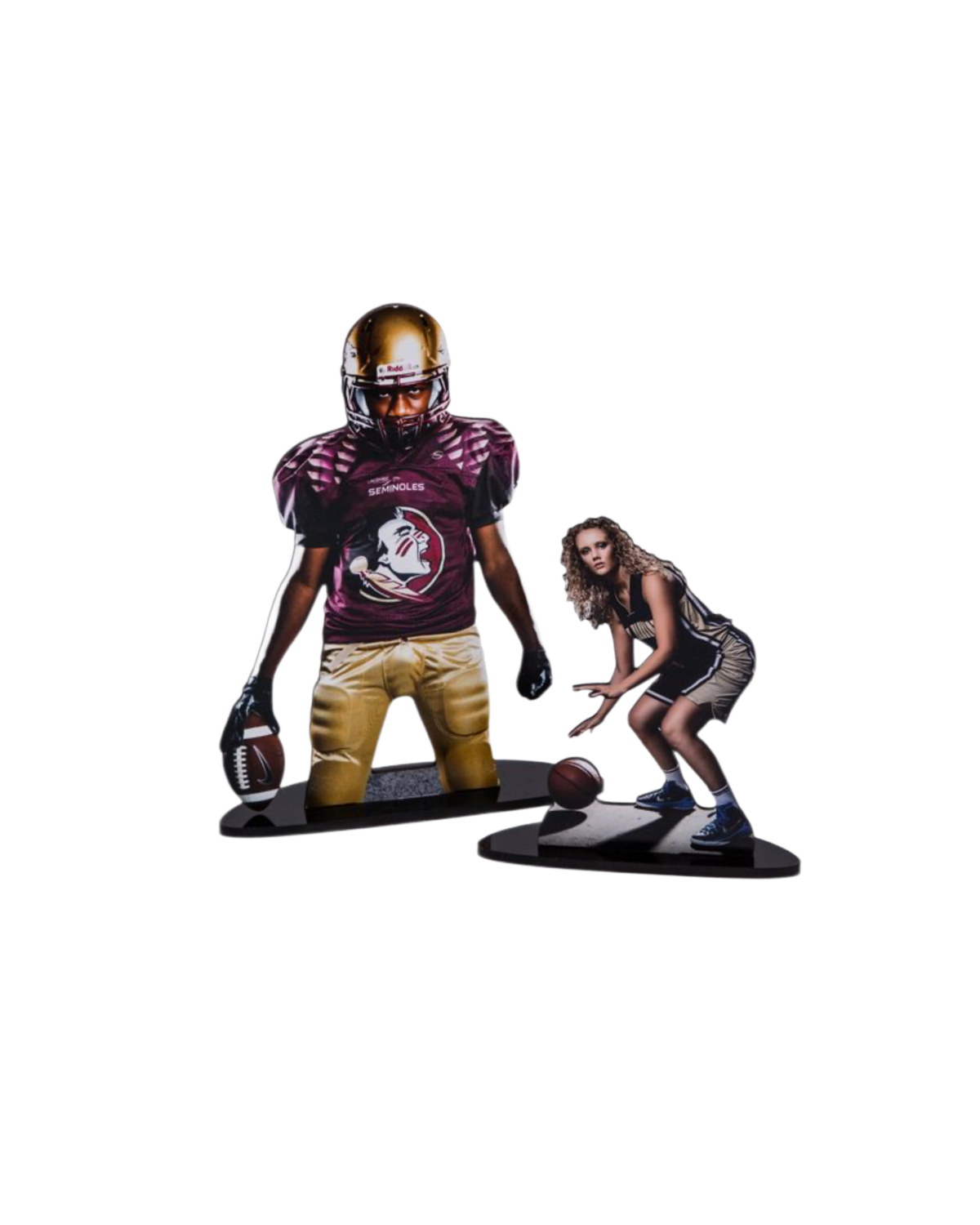 Two sports player standee cutouts featuring a football player in uniform and a girl in athletic wear posing with a ball.