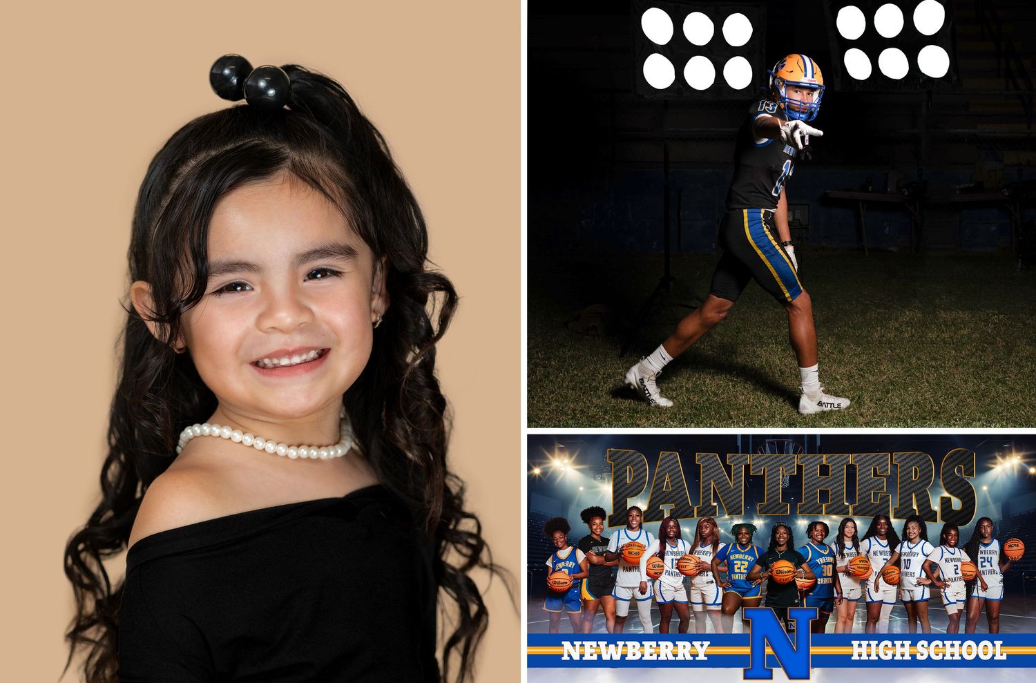 Collage of a young girl portrait, football player on field, and Newberry Panthers High School team photo.
