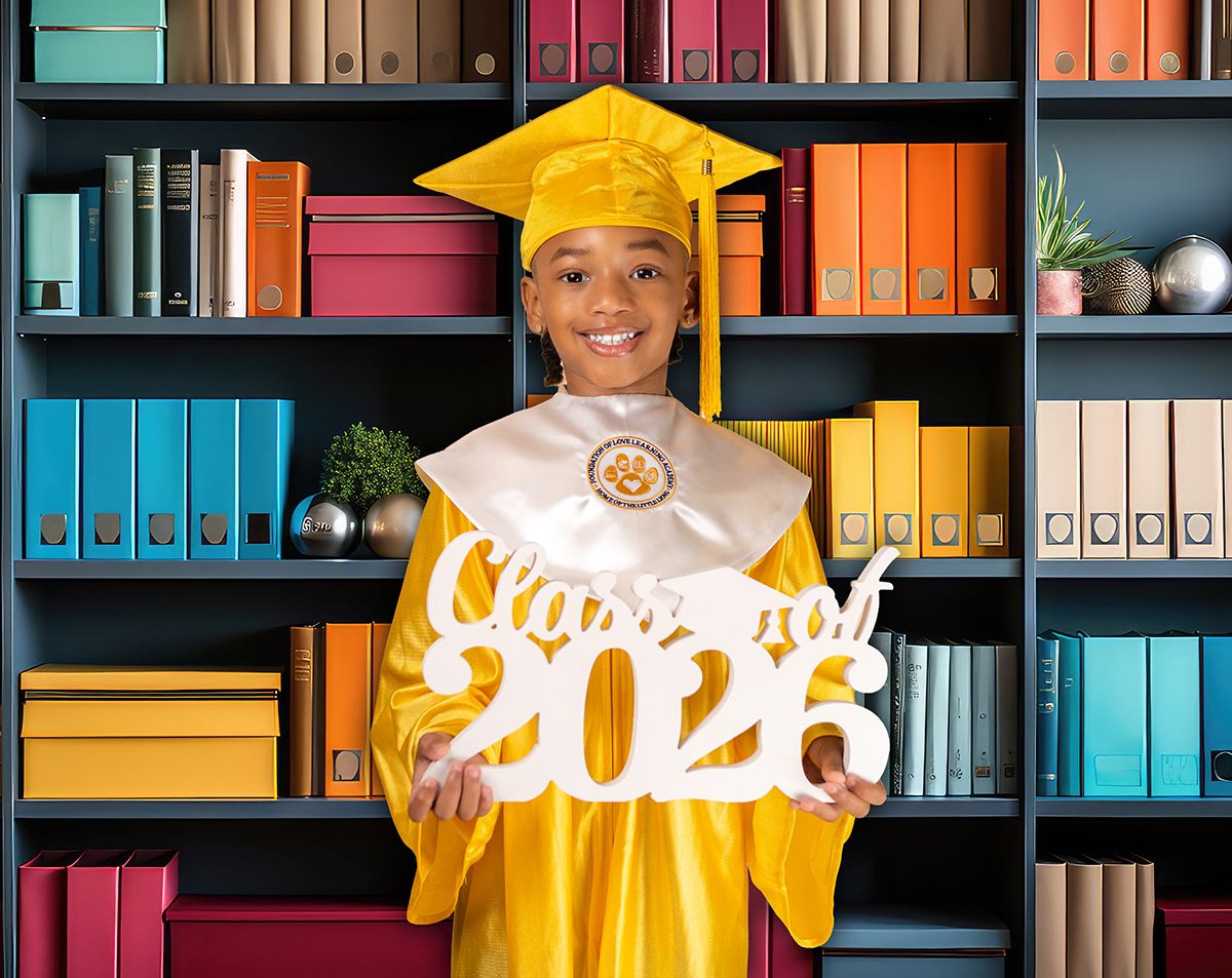 Graduate in yellow cap and gown stands in front of colorful bookshelves filled with binders and folders.