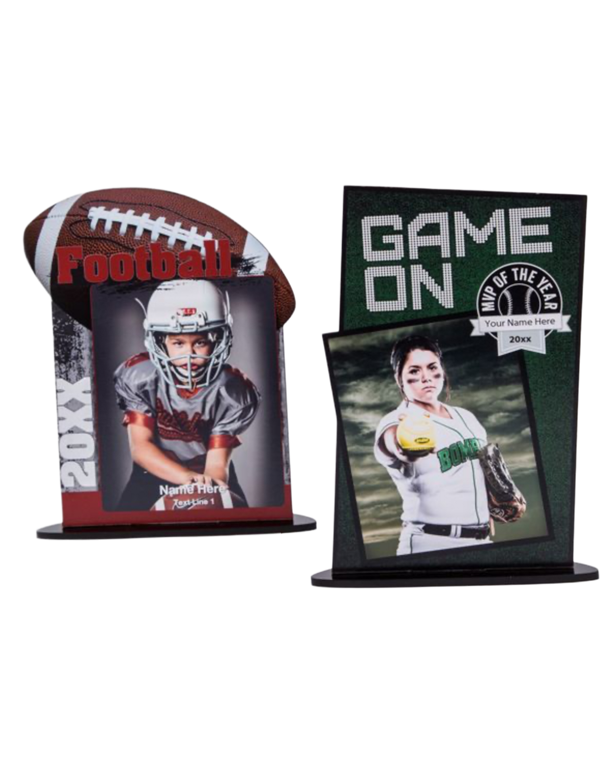 Two sports photo frames featuring football and baseball themes with customizable name plates and decorative designs for team photos.