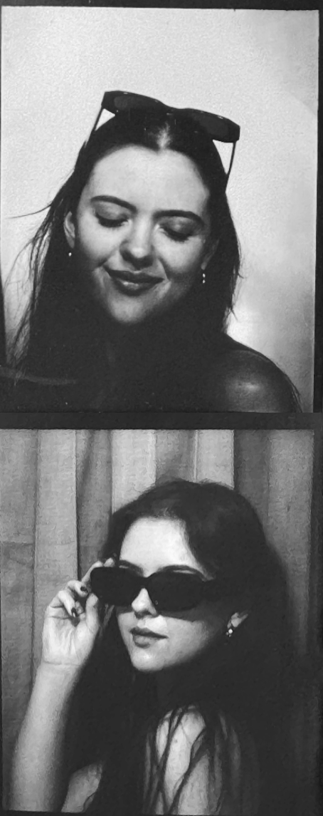 Artistic black and white portrait series showing different expressions and poses with sunglasses.