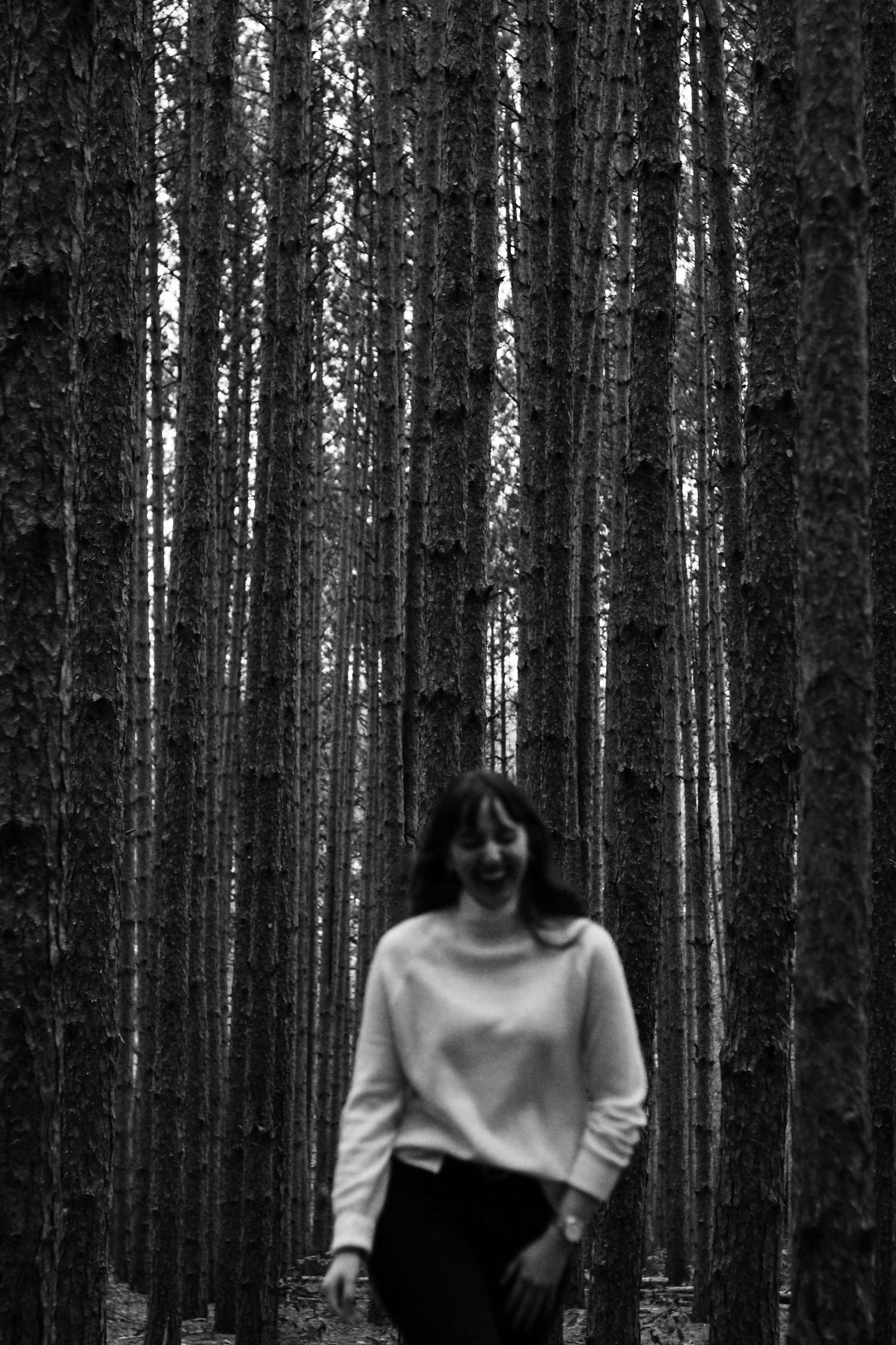 Figure in white moving through a stark forest of tall pine trees in black and white.