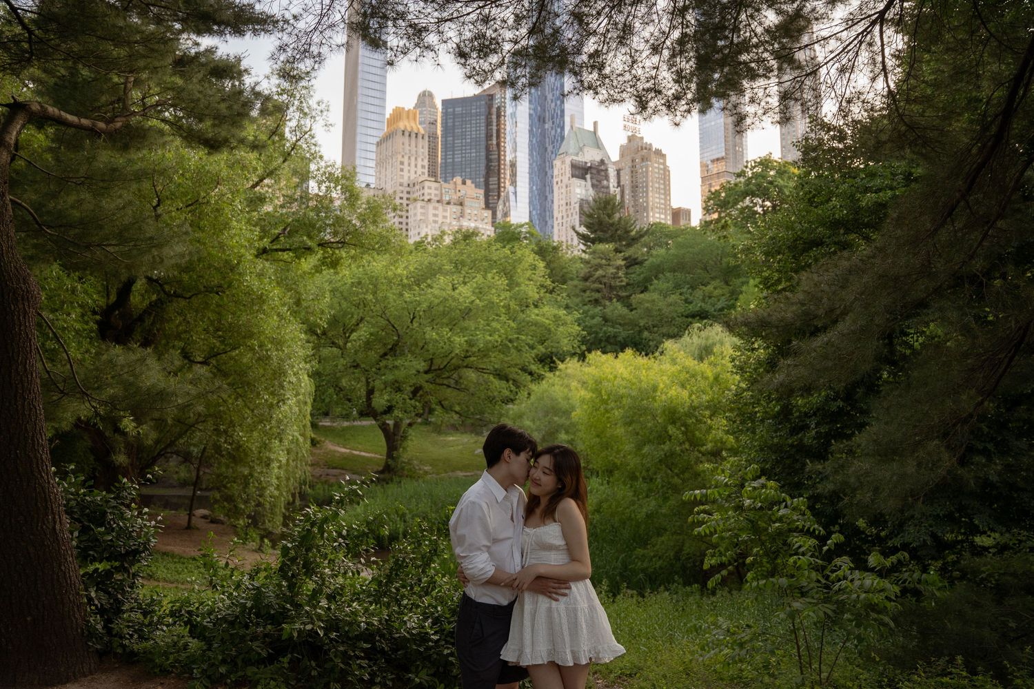 Urban park landscape with city skyline visible through blooming spring trees.