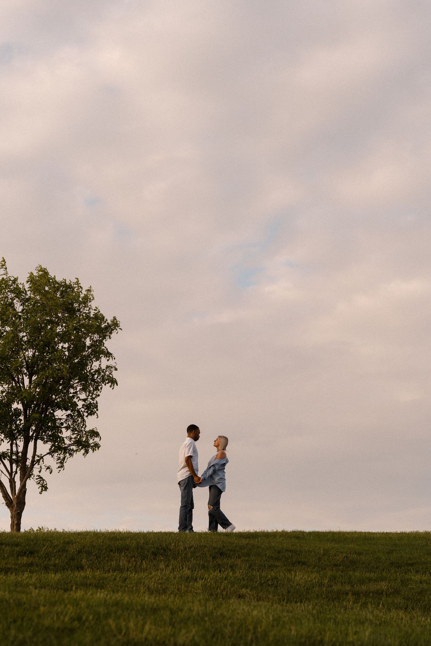 Two silhouettes stand together on a grassy hilltop against a cloudy sky.