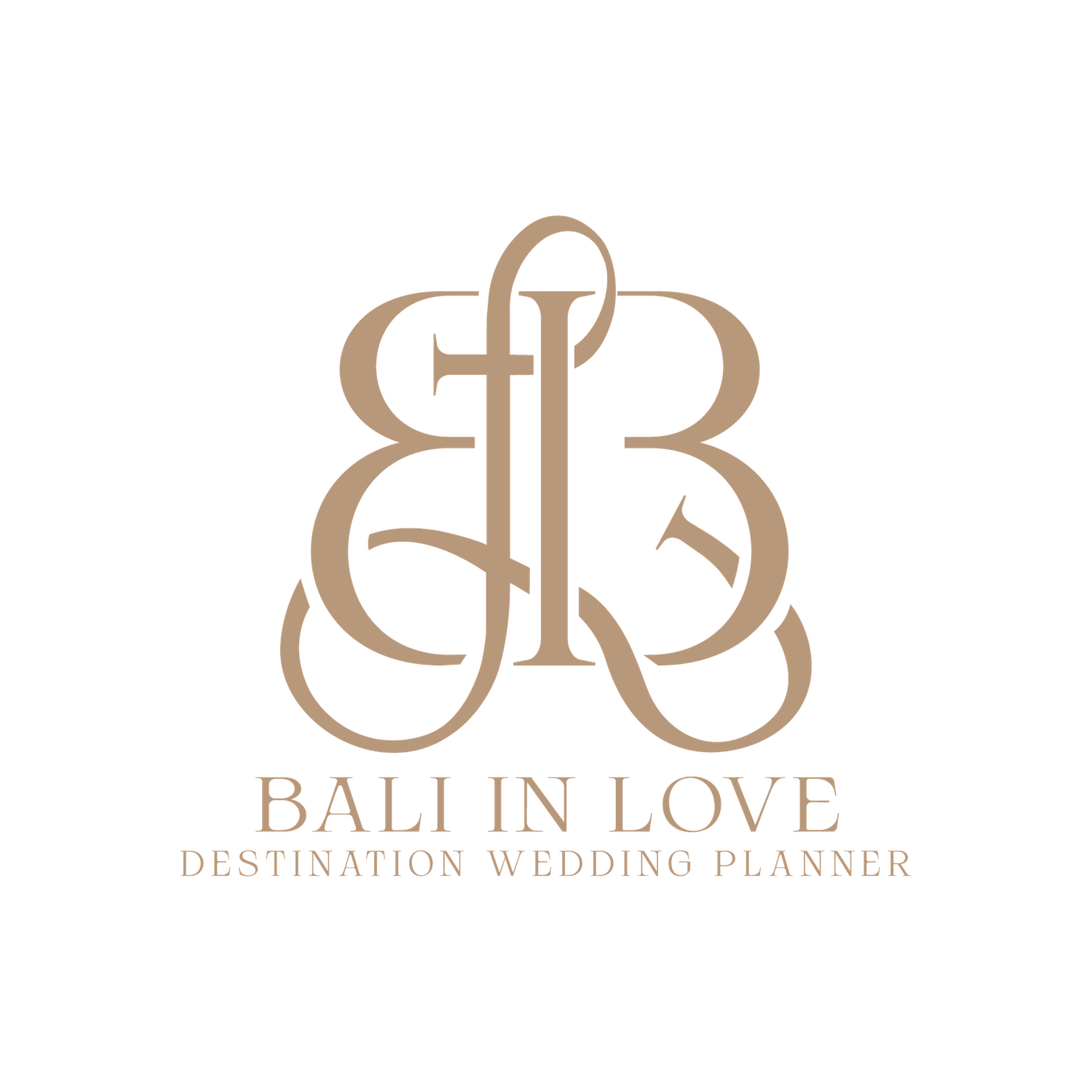 Elegant Bali In Love destination wedding planner logo featuring intertwined script letters in warm gold tones.