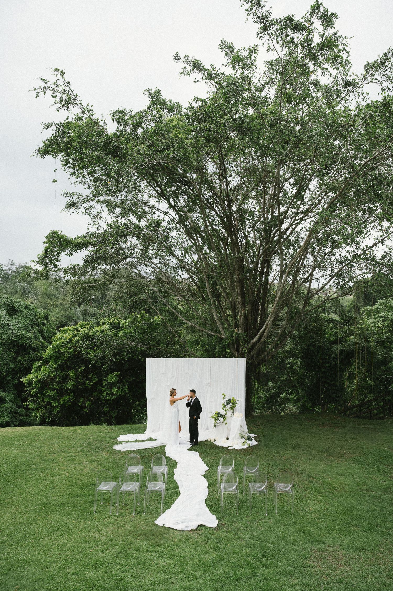 Outdoor wedding ceremony on green lawn with white backdrop, folding chairs, and lush trees in background.
