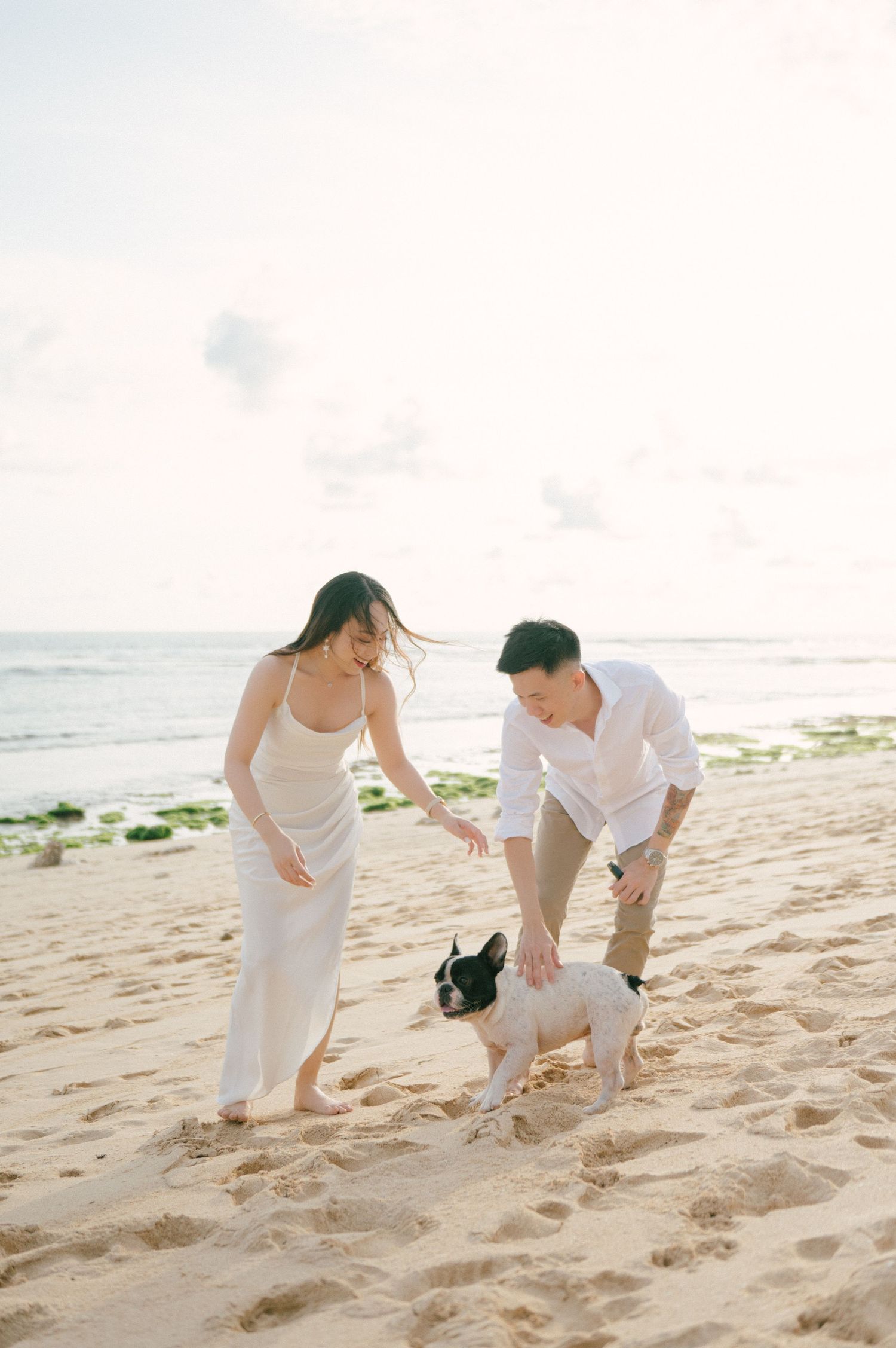 Couple in white outfits playing with a French Bulldog on a sandy beach at sunset.