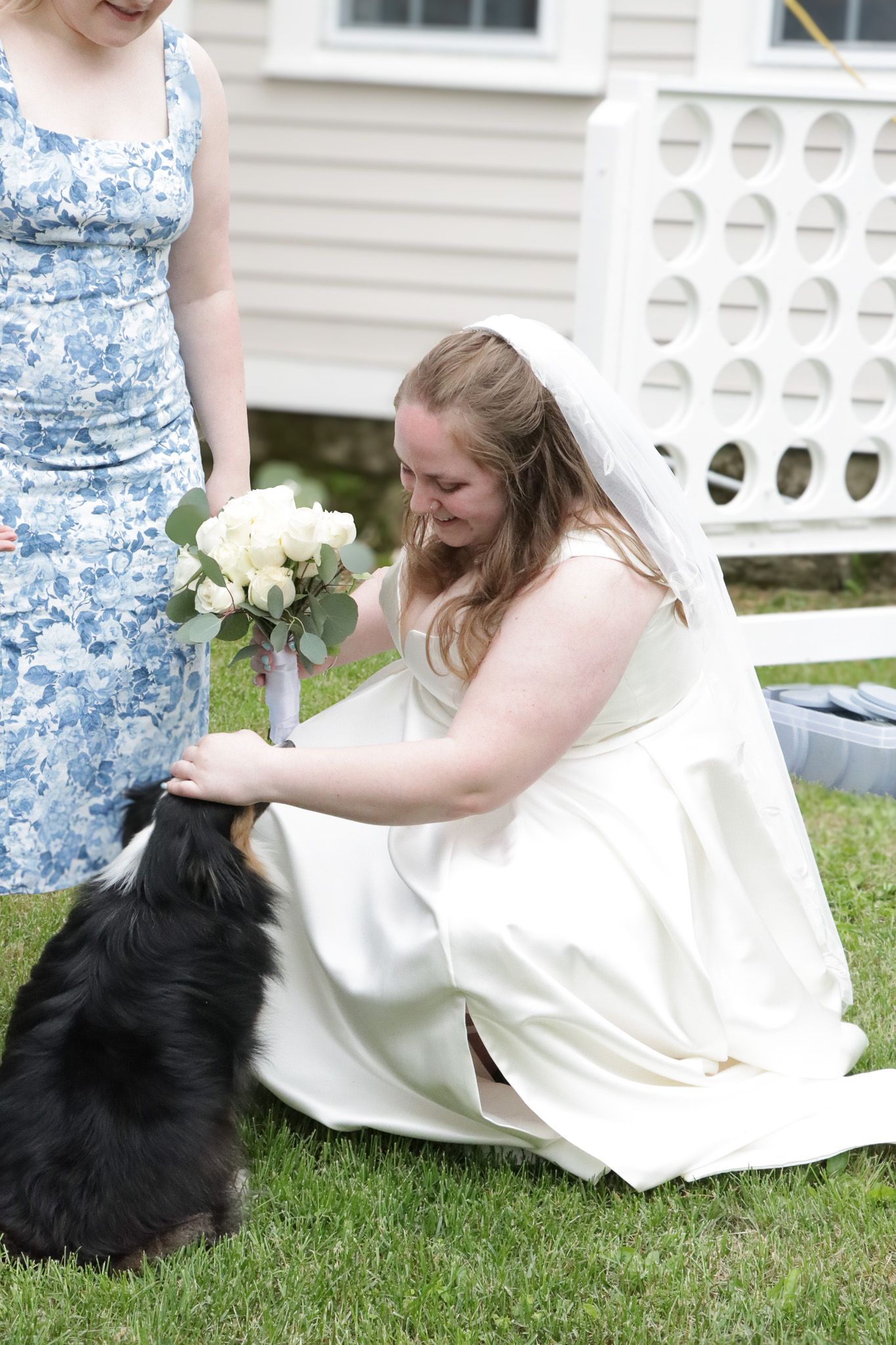 A bride petting dog while holding a beautiful white and green bouquet of flowers during outdoor wedding in Massachusetts.