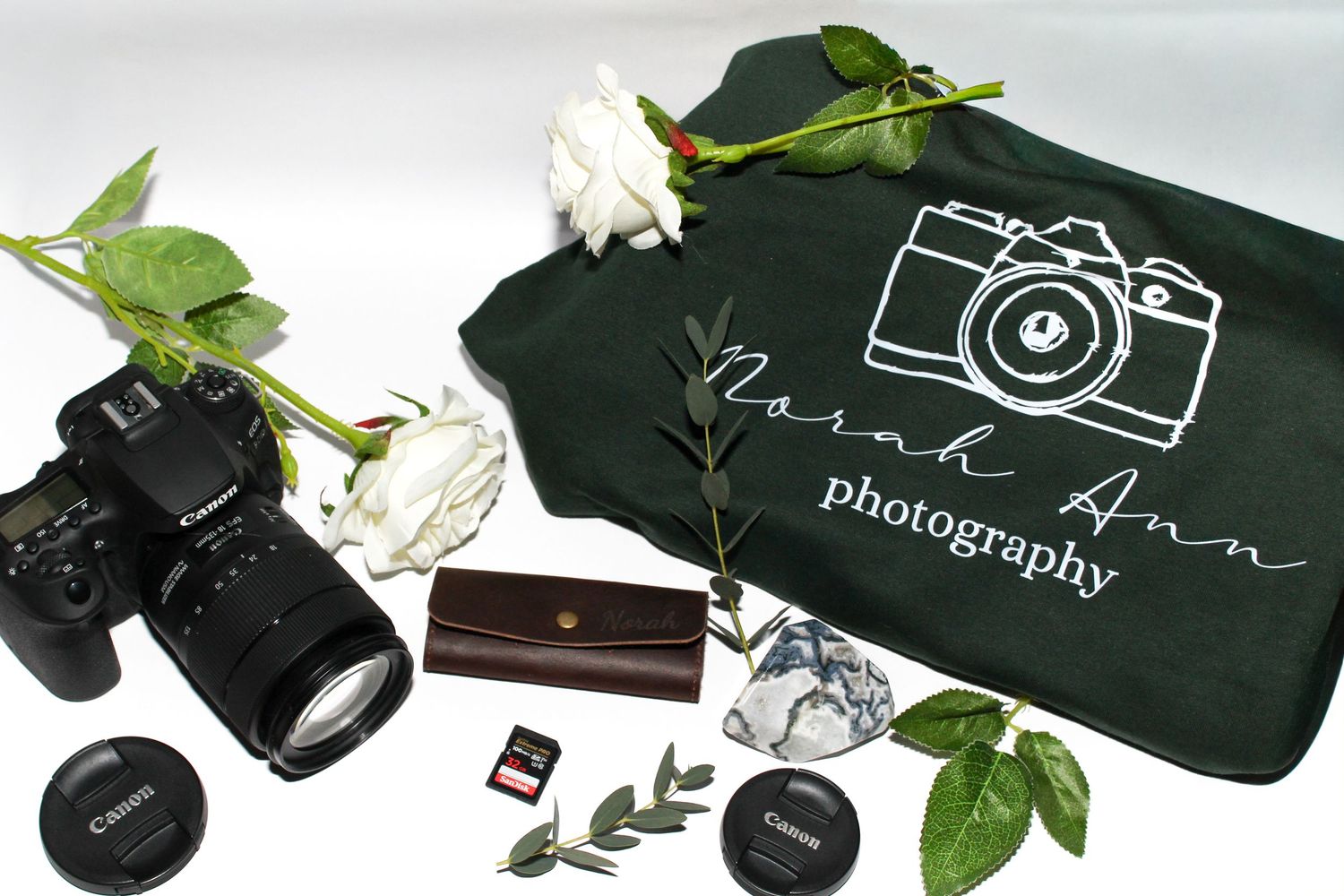 Flat lay photography composition with camera equipment, lenses, memory cards, and green leaves on white surface.