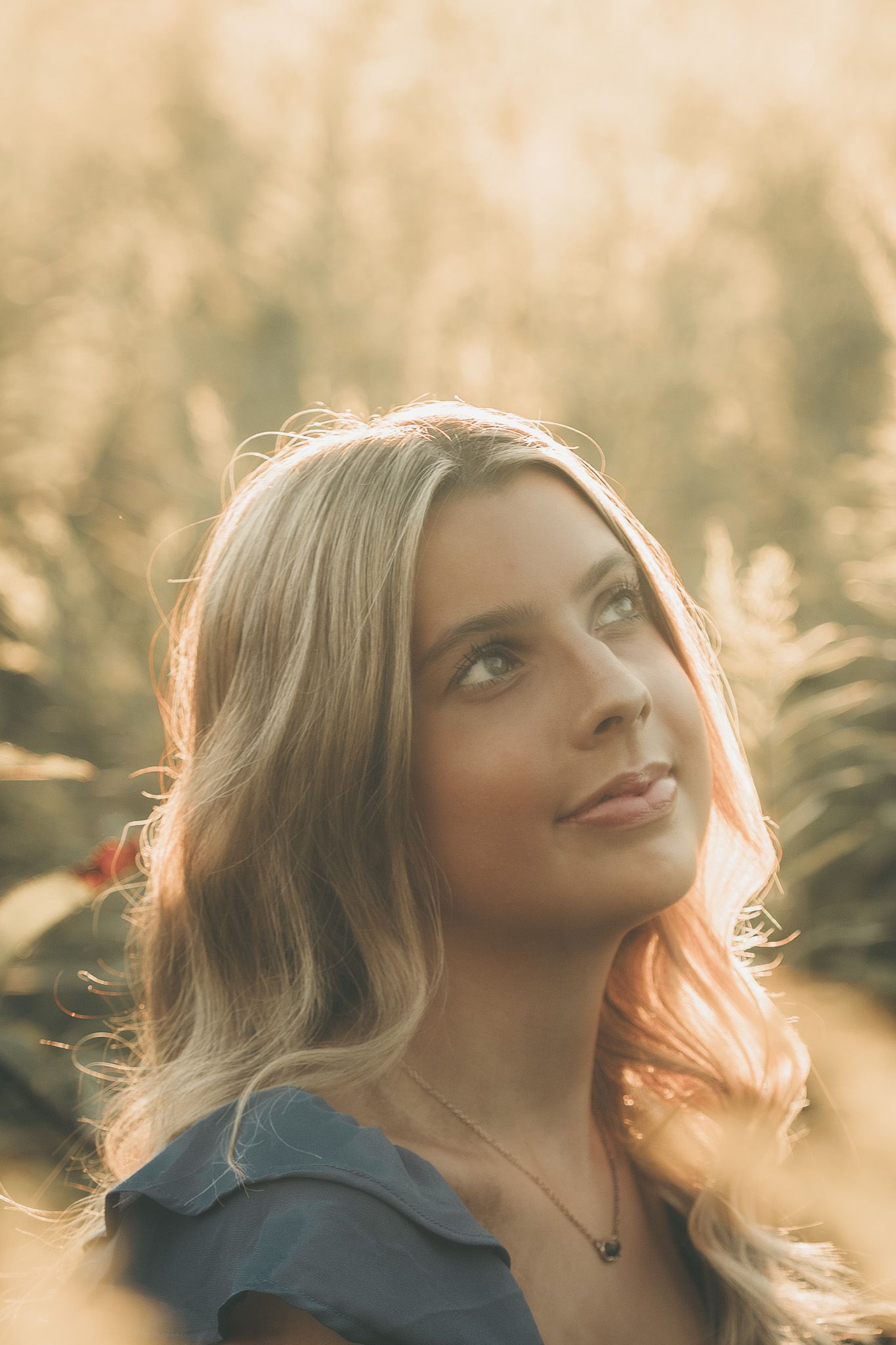 Portrait of a person gazing upward with golden sunlight illuminating their blonde hair in a dreamy outdoor setting.