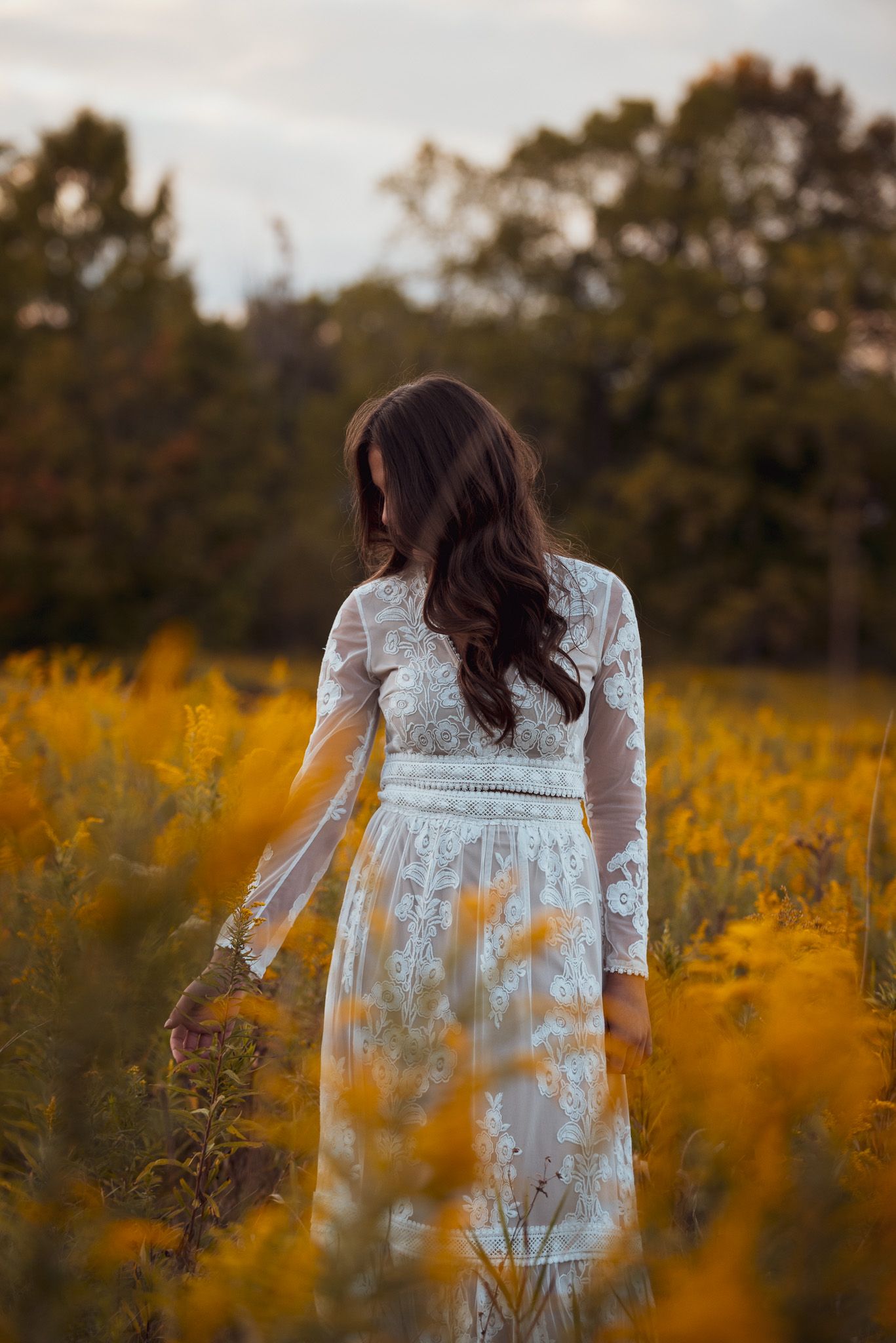 A dreamy portrait in a white dress among golden wildflowers at sunset.