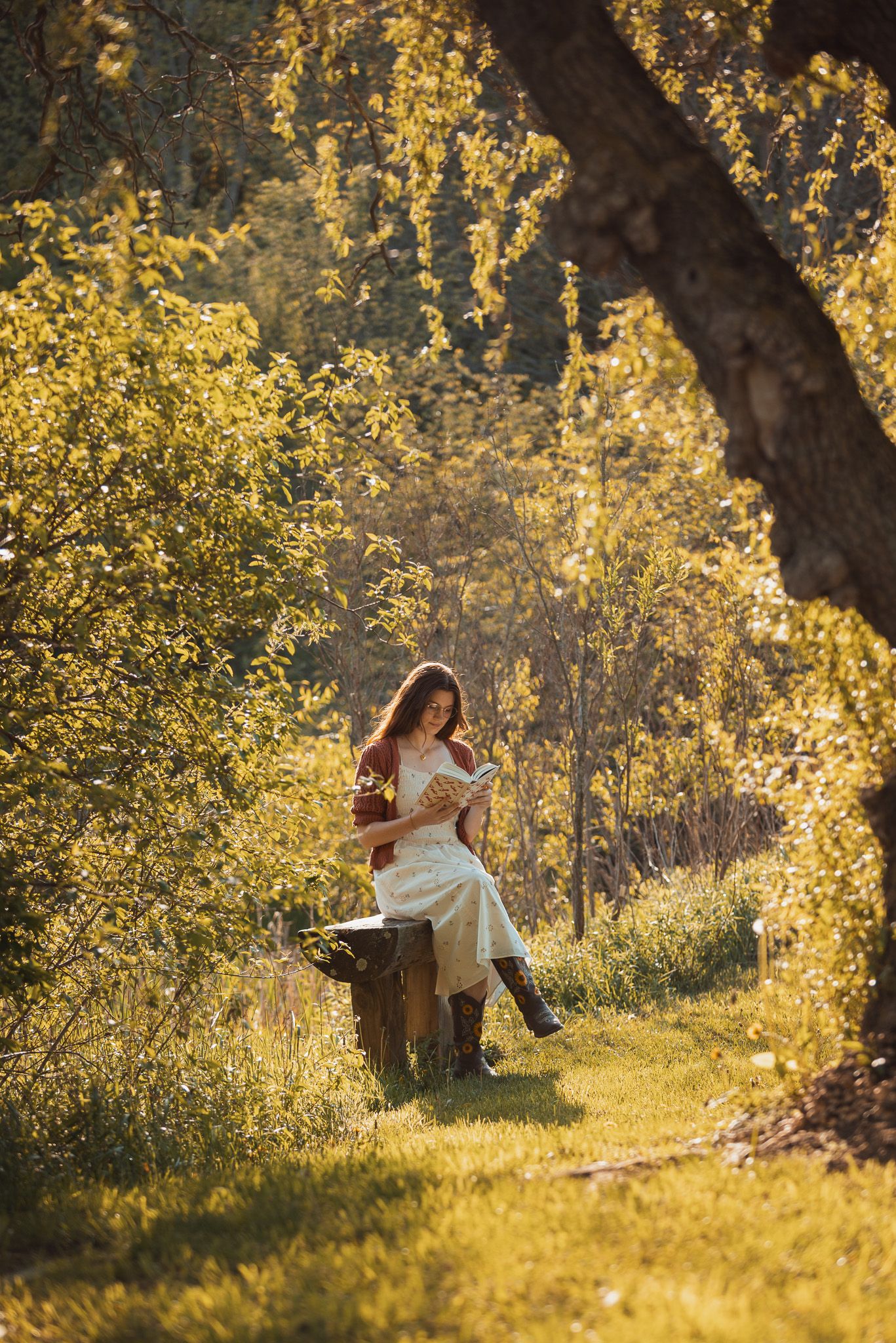 Person in white dress reading a book while sitting on a log in golden sunlit woods.
