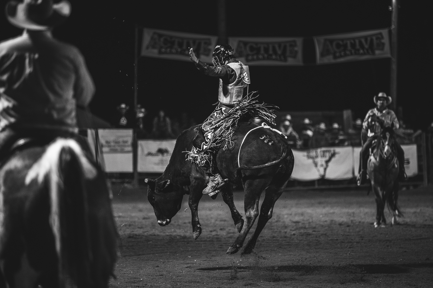 Black and white action shot of bull rider competing at nighttime rodeo event.