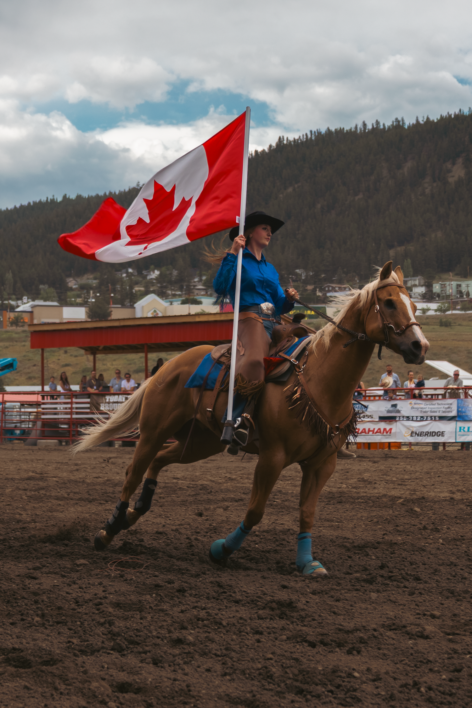 Rider on palomino horse carries Canadian flag at full gallop during a rodeo event in Canada.