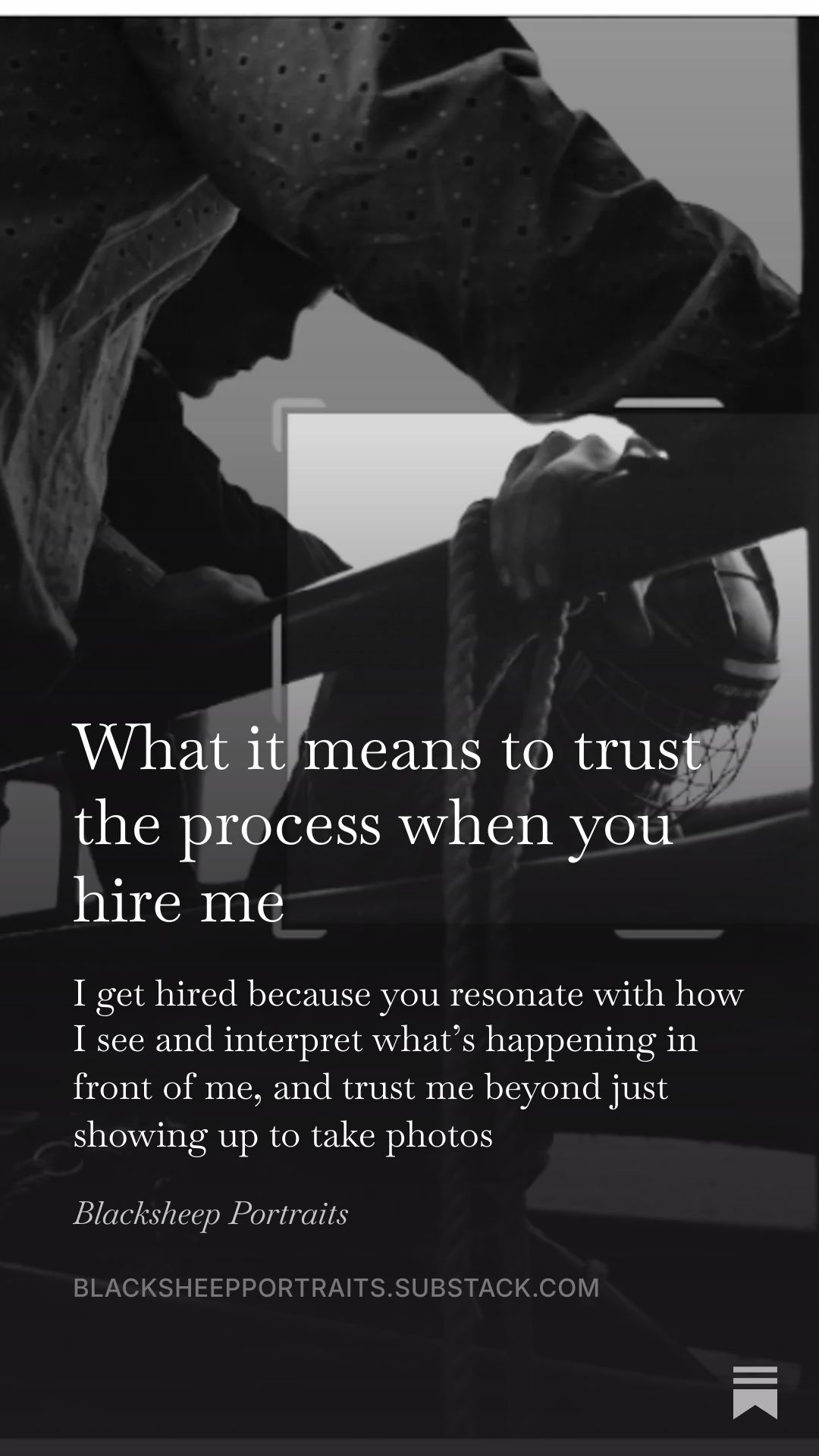 Black and white portrait photography promotional graphic for Blacksheep Portraits featuring text about trusting the creative process.