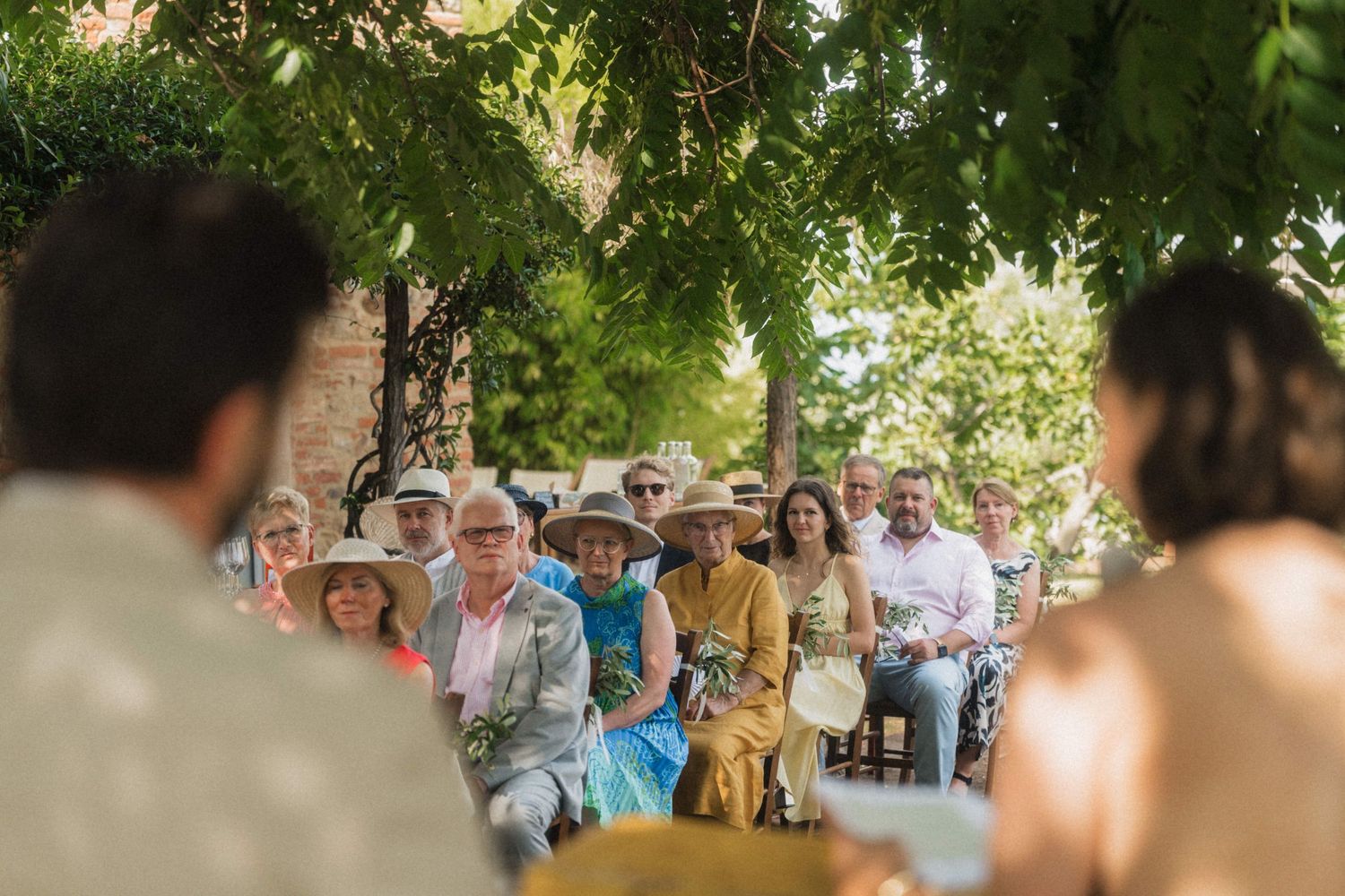 Wedding guests seated outdoors under green trees watching an outdoor ceremony on a sunny day.
