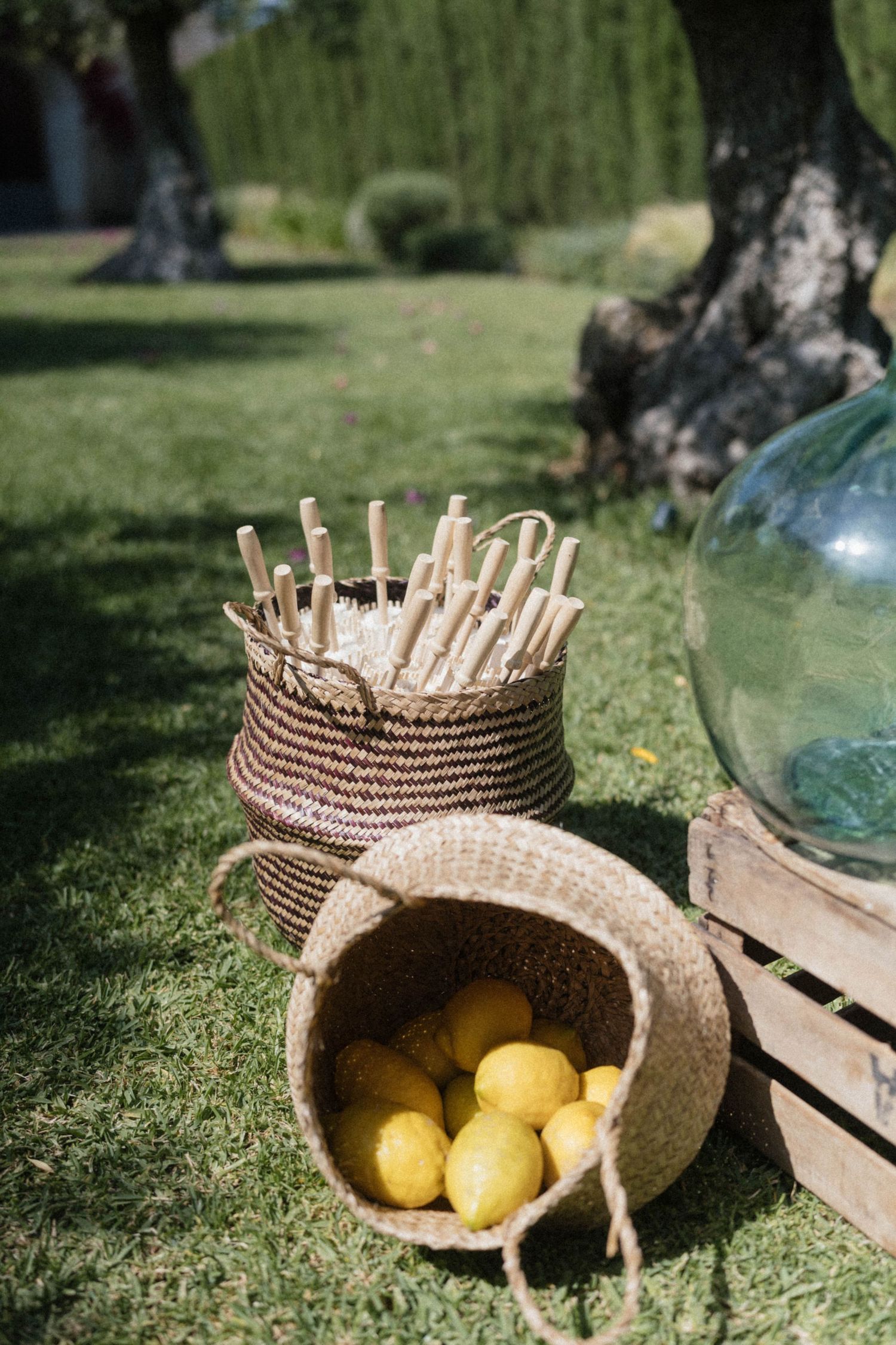 Wicker baskets with lemons and wooden sticks on green grass beside a glass globe at an outdoor event.