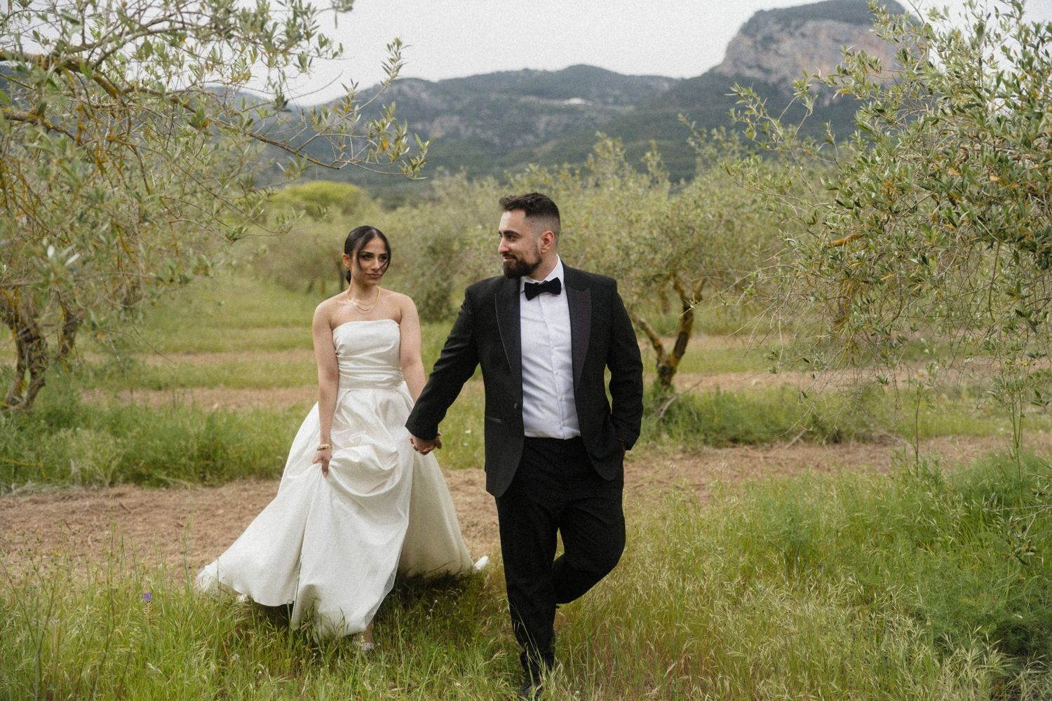Bride and groom walking through a lush olive grove with scenic mountains in the background.