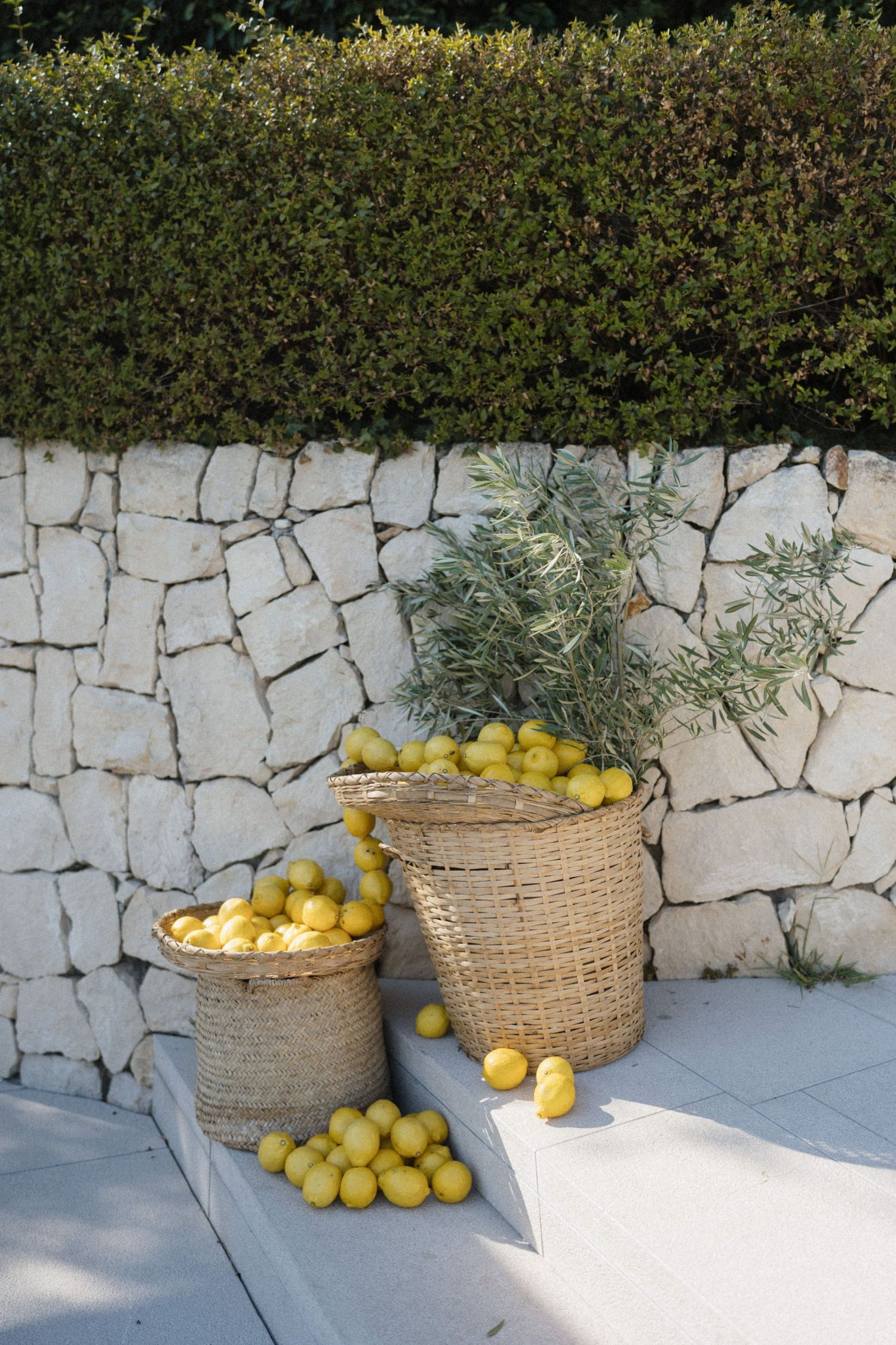Two wicker baskets overflowing with fresh yellow lemons beside an olive branch against a rustic white stone wall.