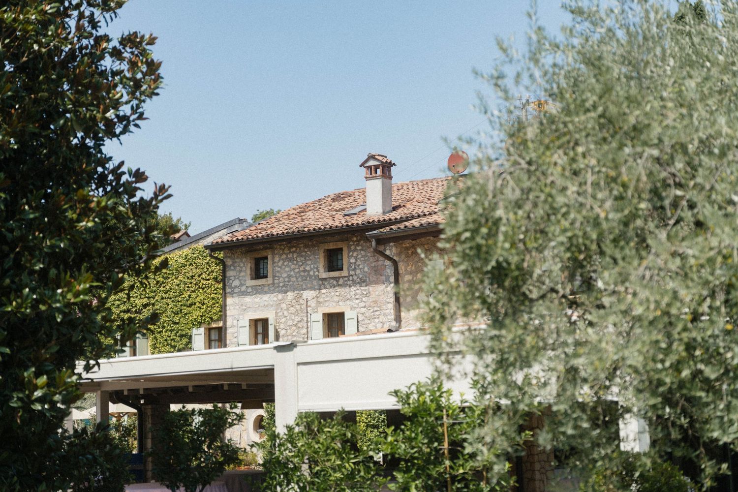 Charming Italian stone villa covered in ivy surrounded by lush greenery under a clear blue sky.