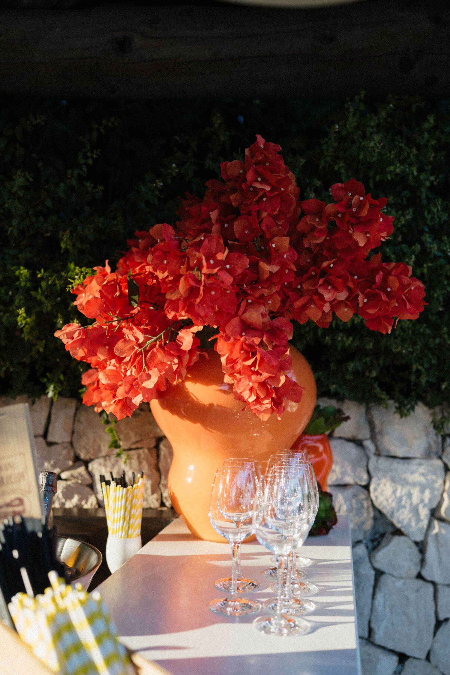 Terracotta vase with vibrant red bougainvillea flowers on a white table with crystal wine glasses outdoors.