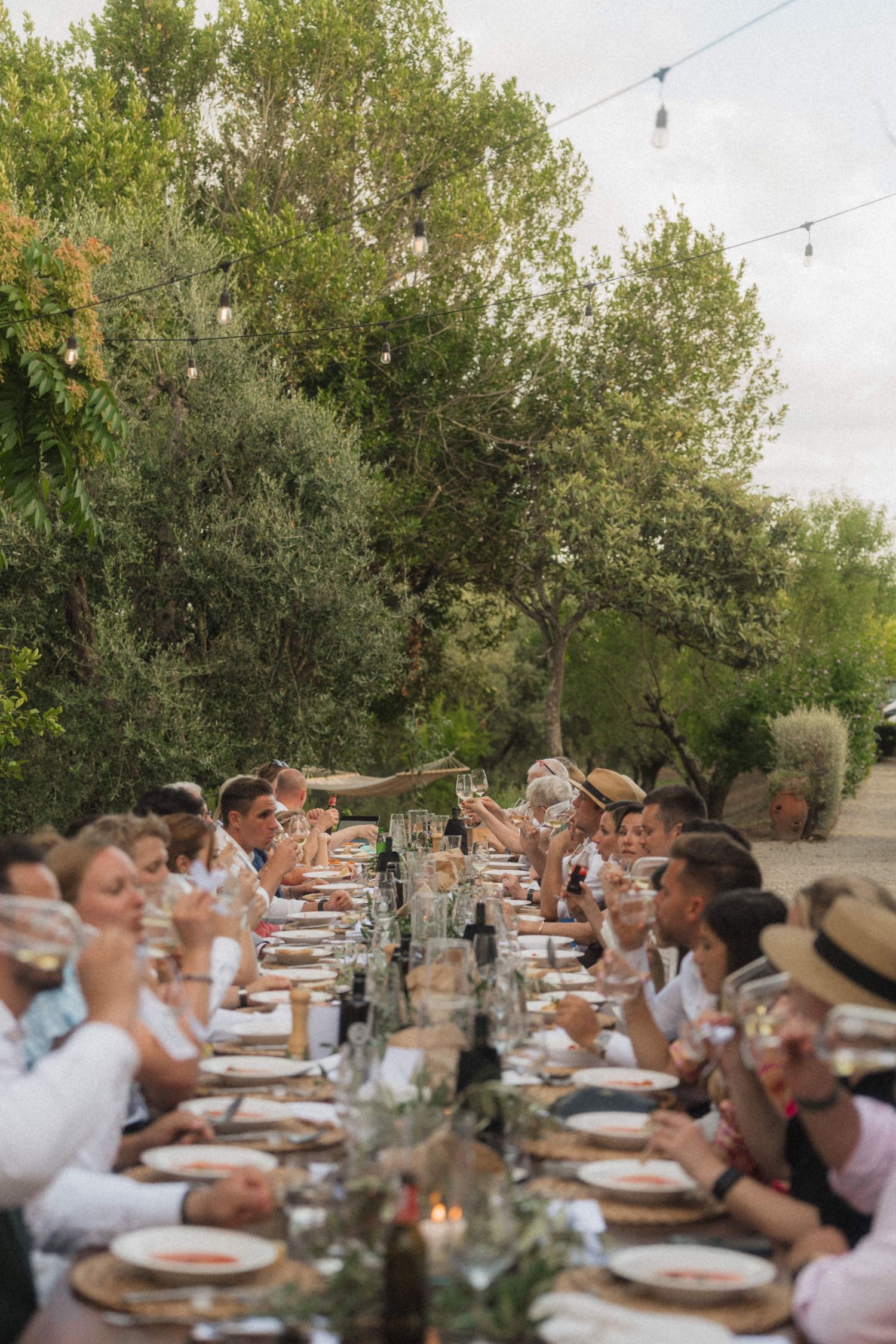 Wedding guests raising glasses in toast at long outdoor dining table under string lights.
