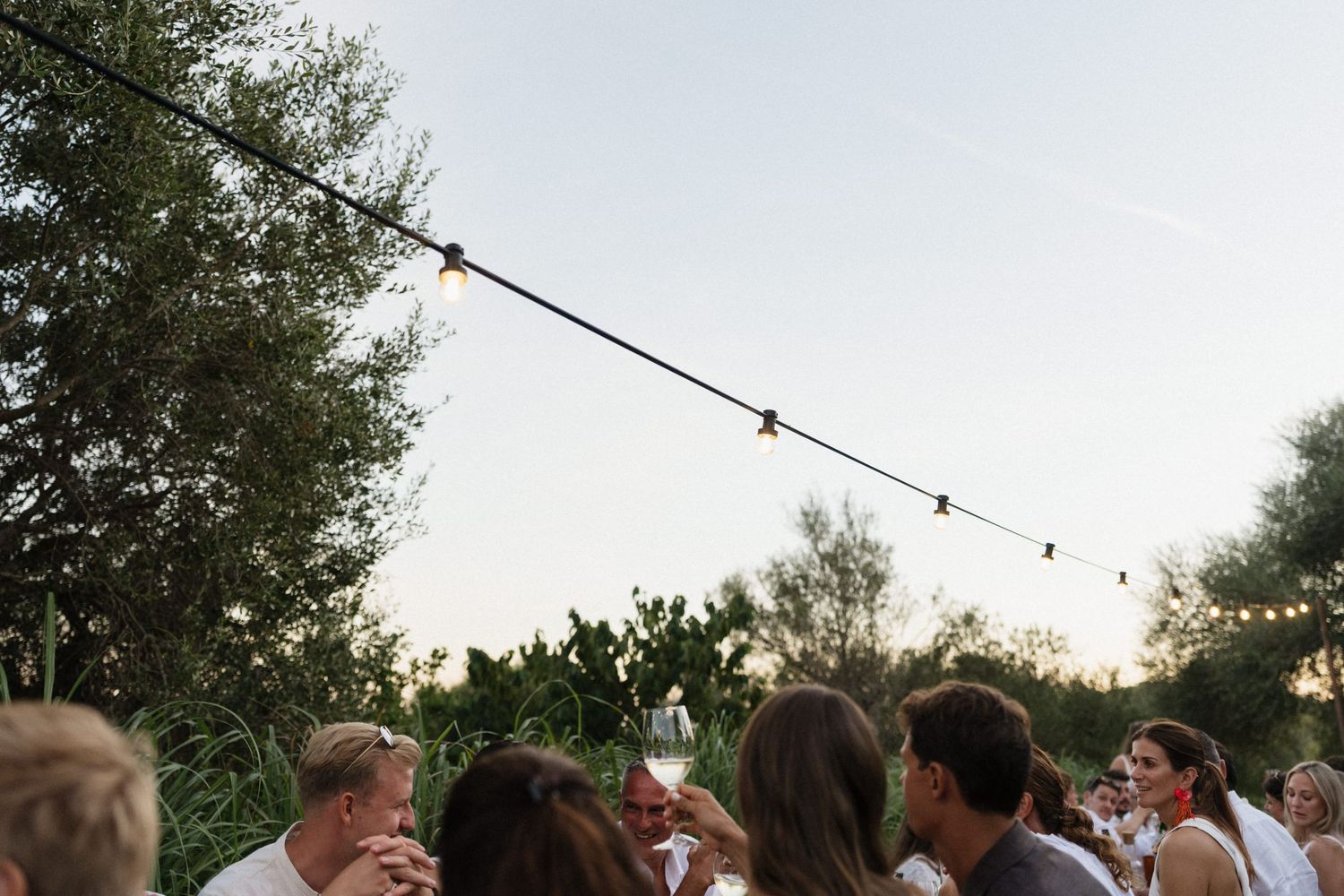 Group of guests gathered outdoors at a long table under string lights, surrounded by lush green trees at sunset.