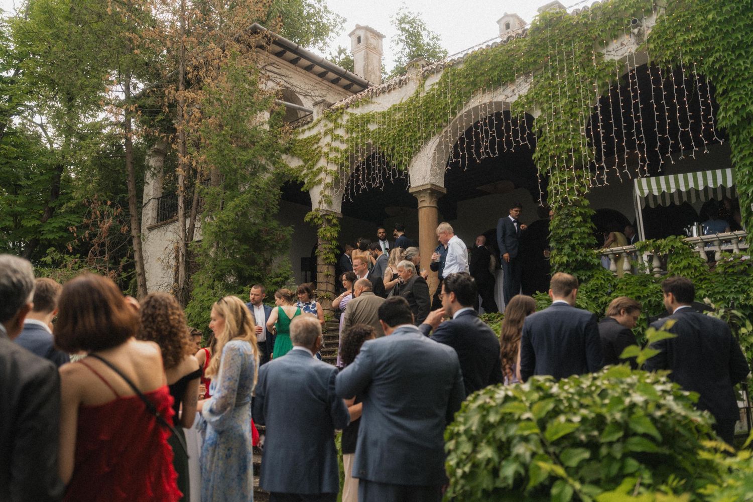 Elegant outdoor wedding ceremony at ivy-covered venue with guests gathered on lush garden grounds.