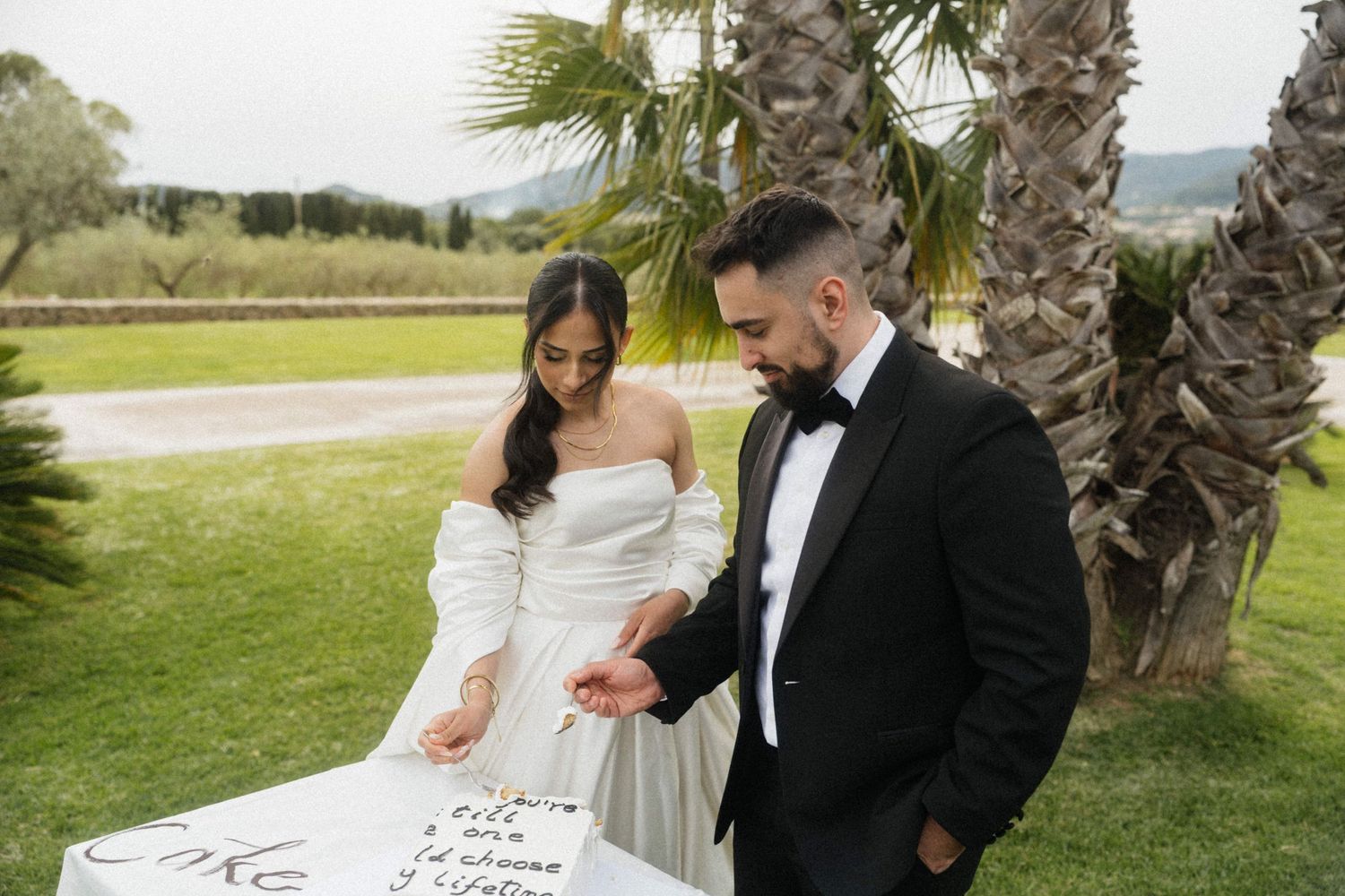 Bride and groom cutting their wedding cake outdoors surrounded by palm trees and green lawn.