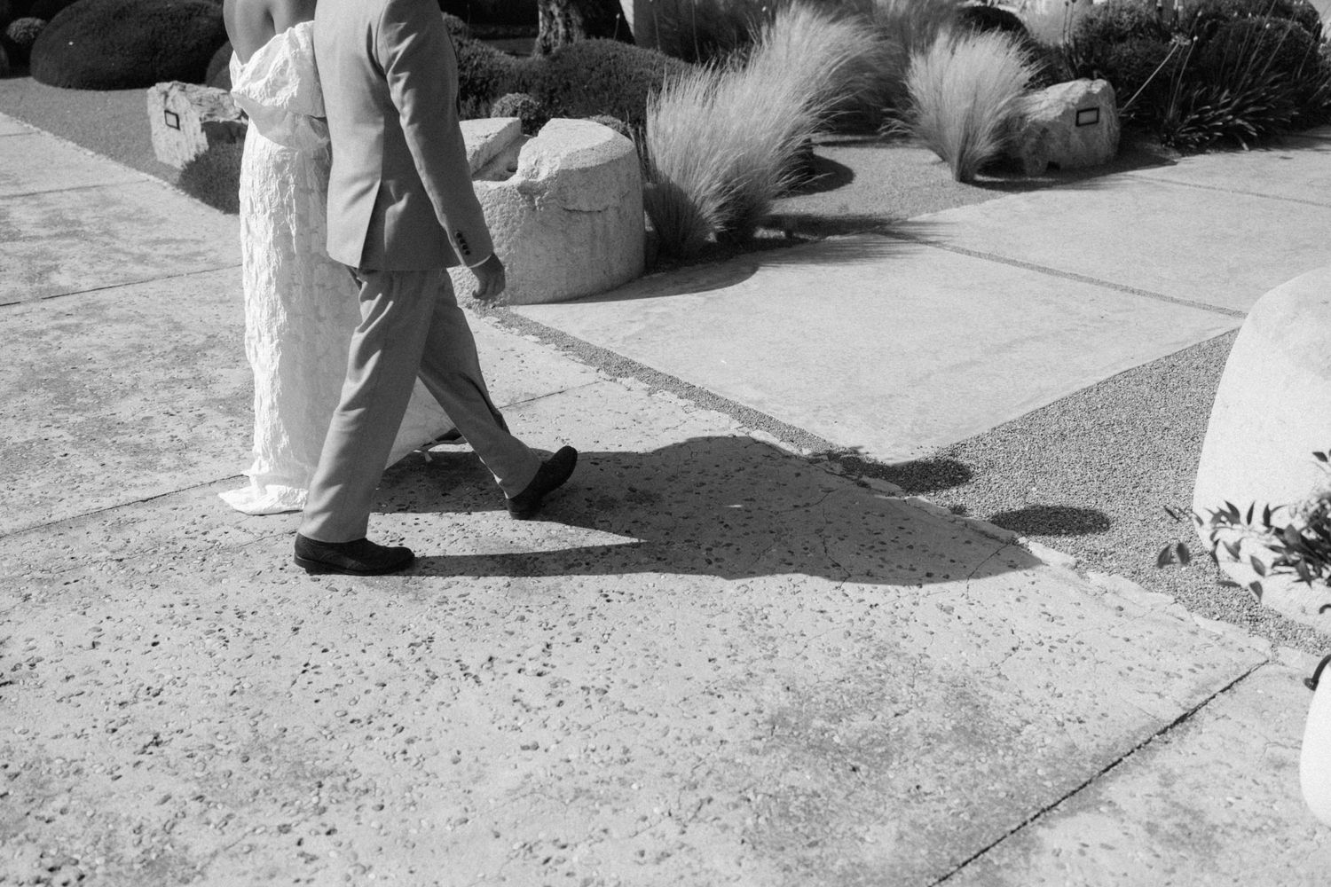 Black and white photo of a person walking on a sidewalk, casting a shadow, with ornamental grasses and rocks in the background.