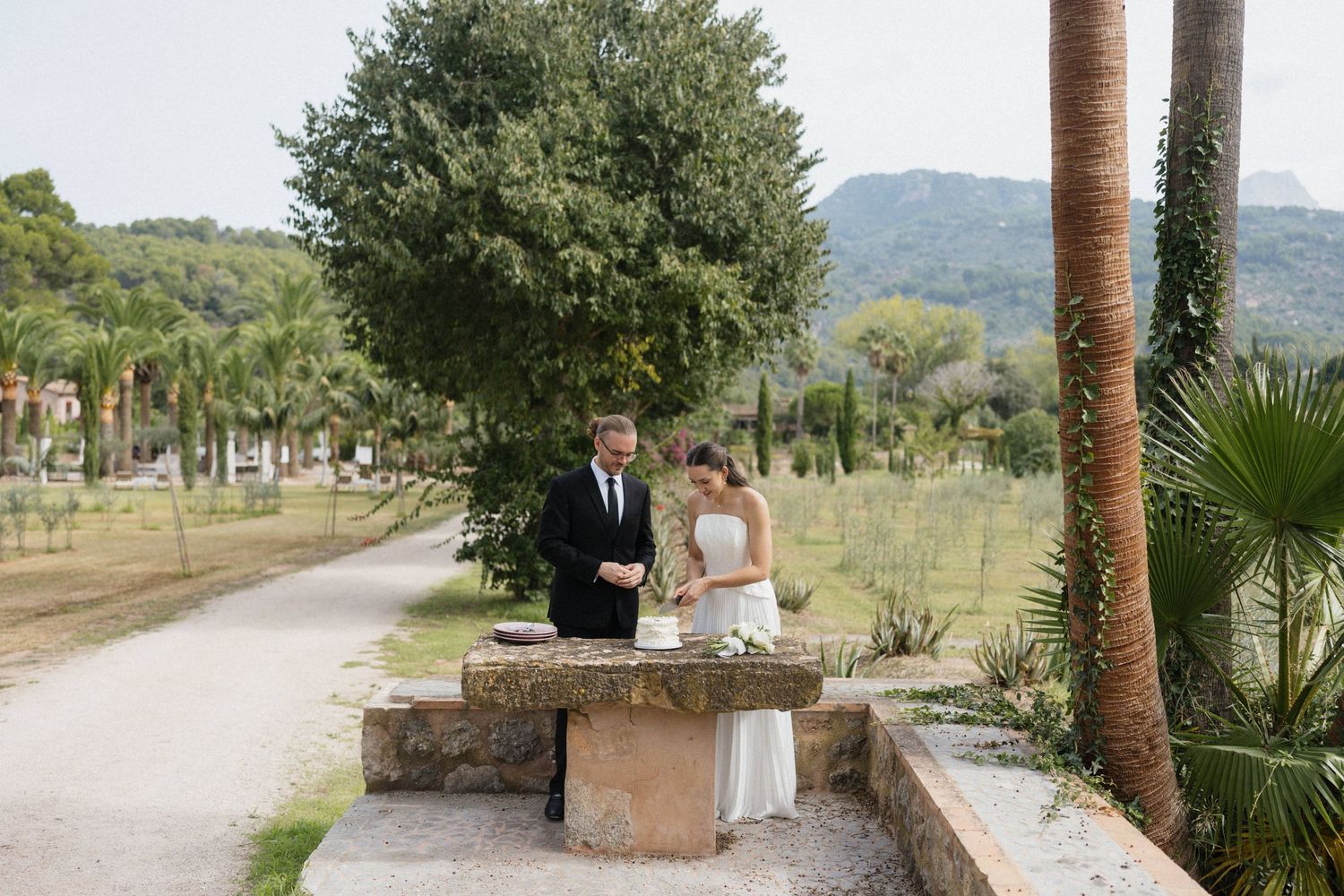 Bride and groom cutting their wedding cake on a stone table in a sunny garden surrounded by palm trees and mountain views.